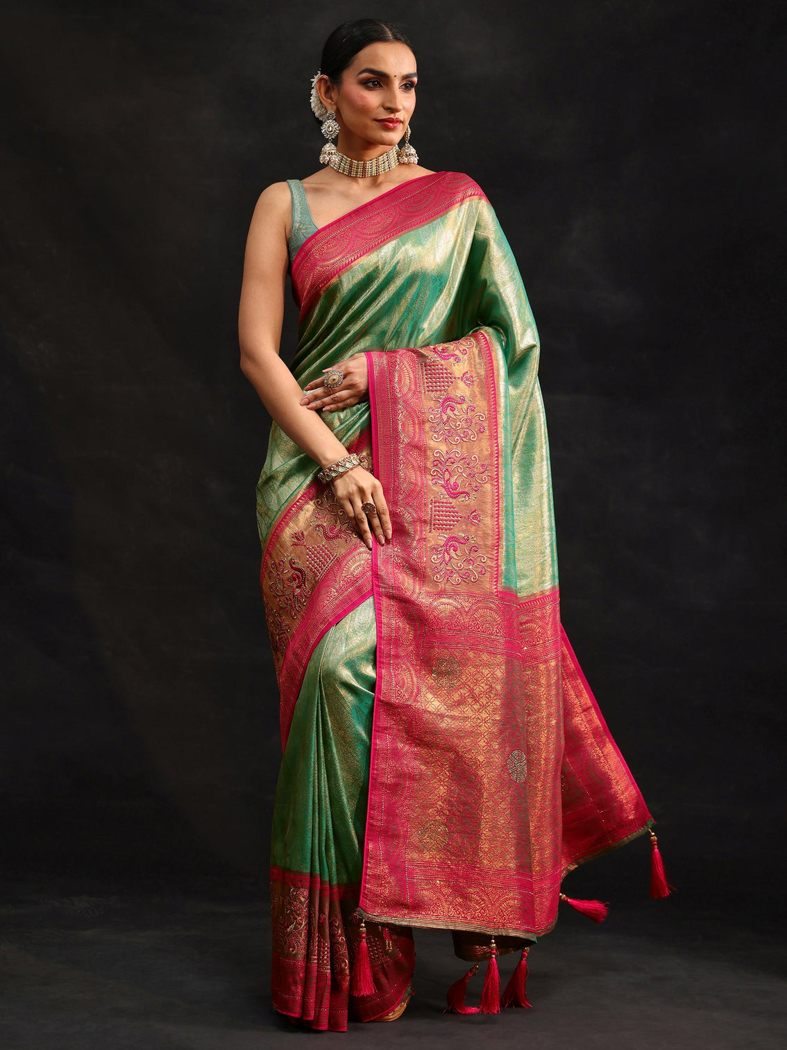 Mameraa Sea Green Woven Design Silk Blend Saree
