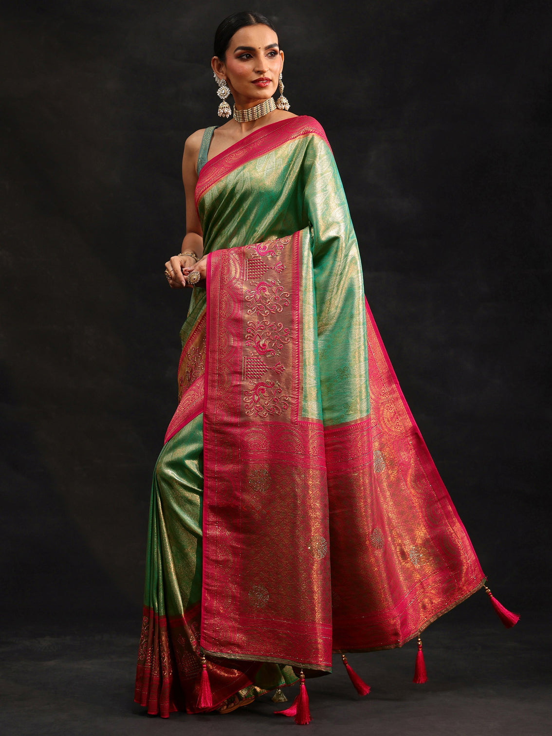 Mameraa Sea Green Woven Design Silk Blend Saree