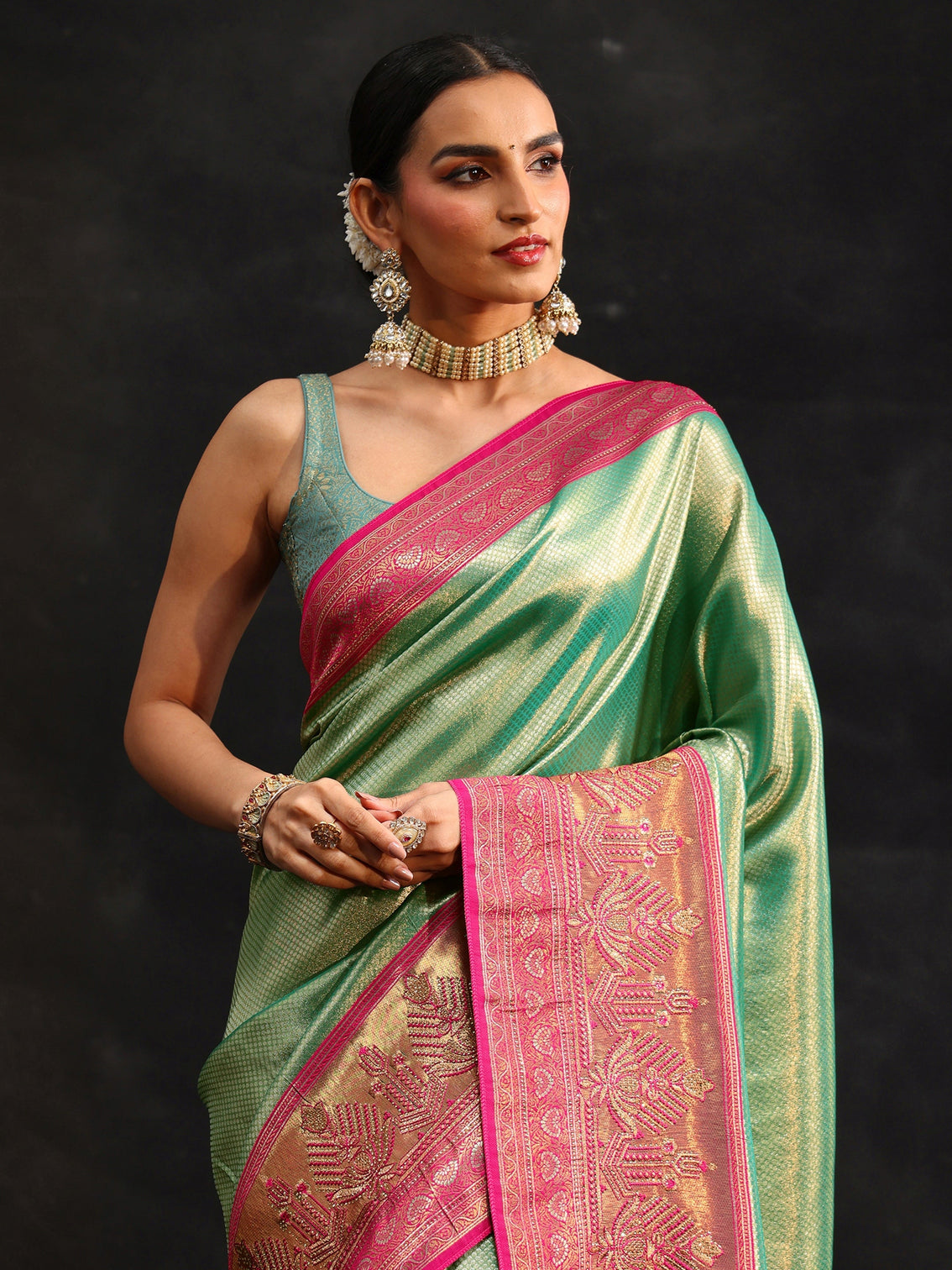 Mameraa Sea Green Woven Design Silk Blend Saree