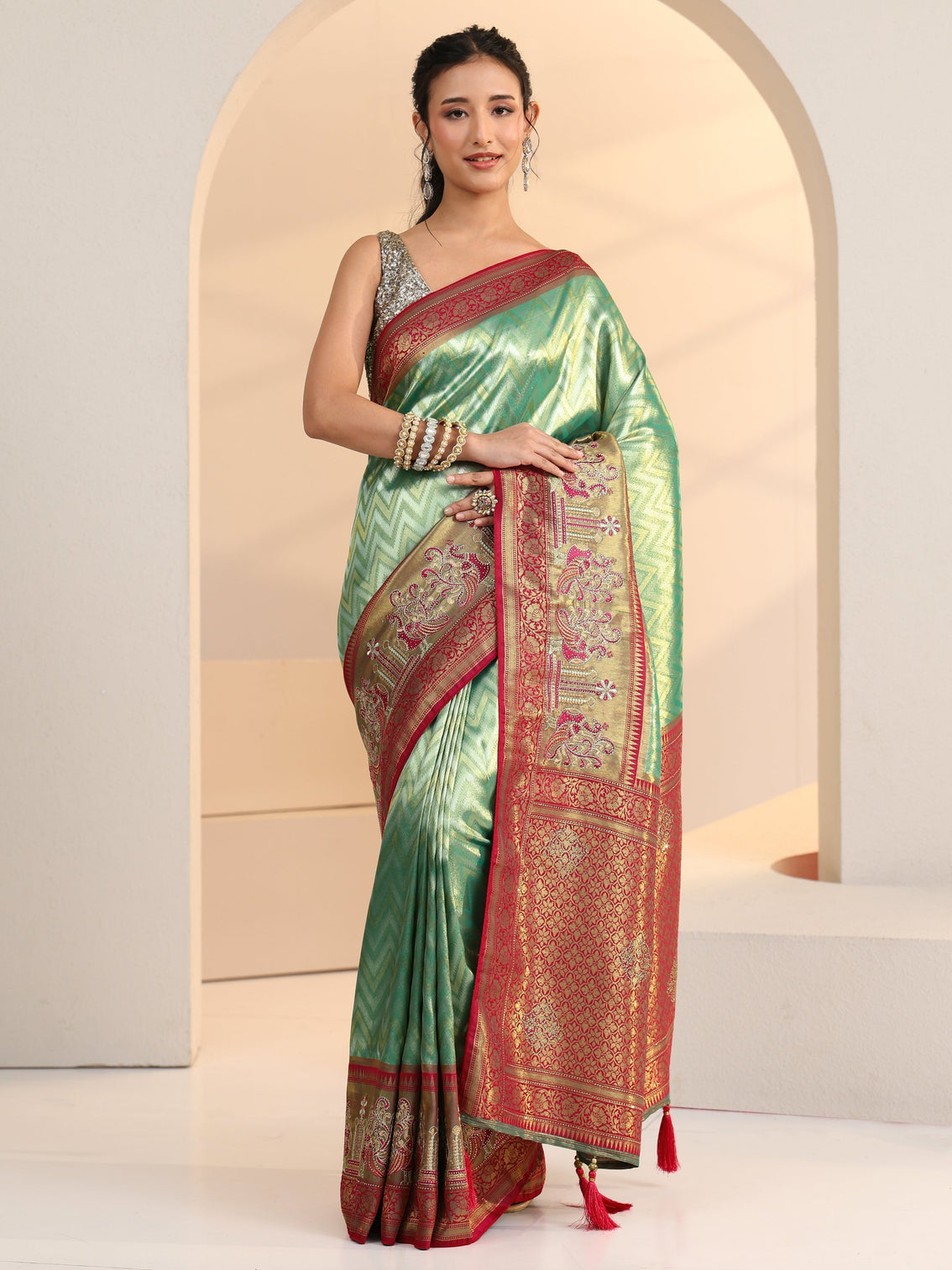Mameraa Seafoam Green Chevron Woven Design Silk Blend Saree