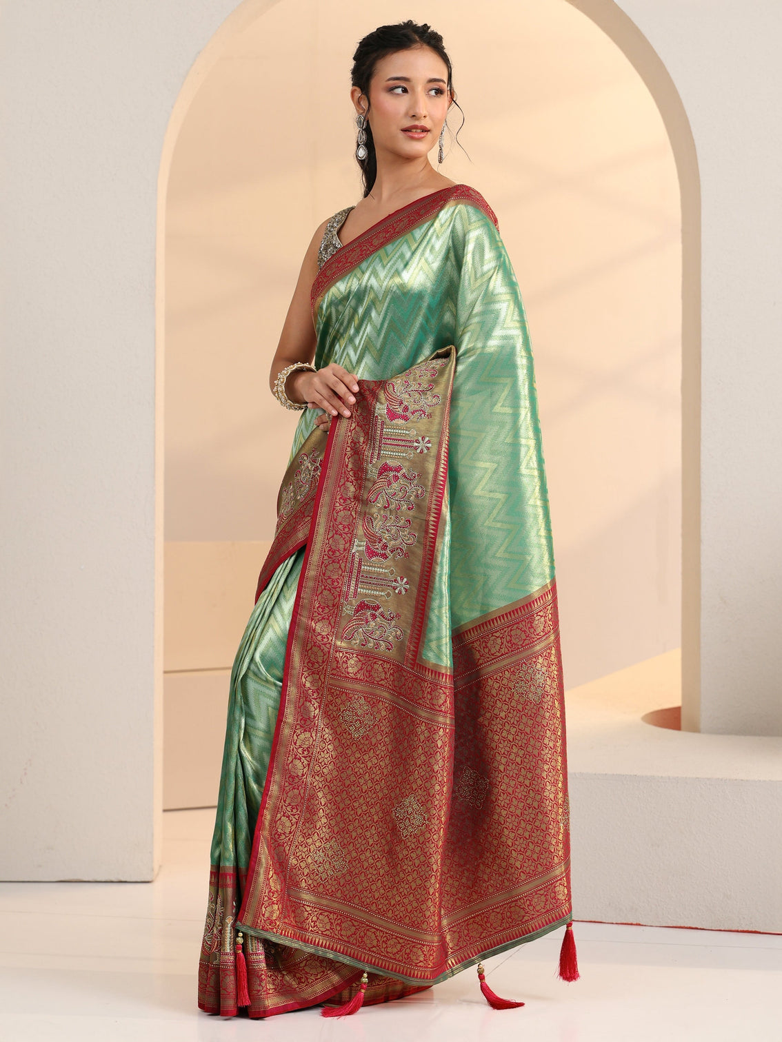 Mameraa Seafoam Green Chevron Woven Design Silk Blend Saree