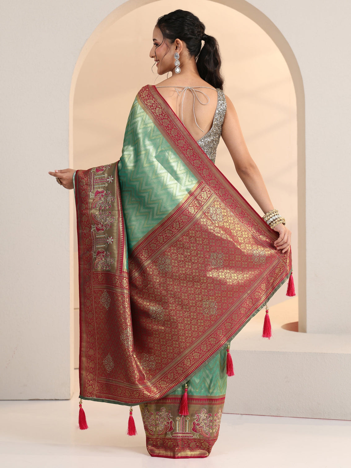 Mameraa Seafoam Green Chevron Woven Design Silk Blend Saree