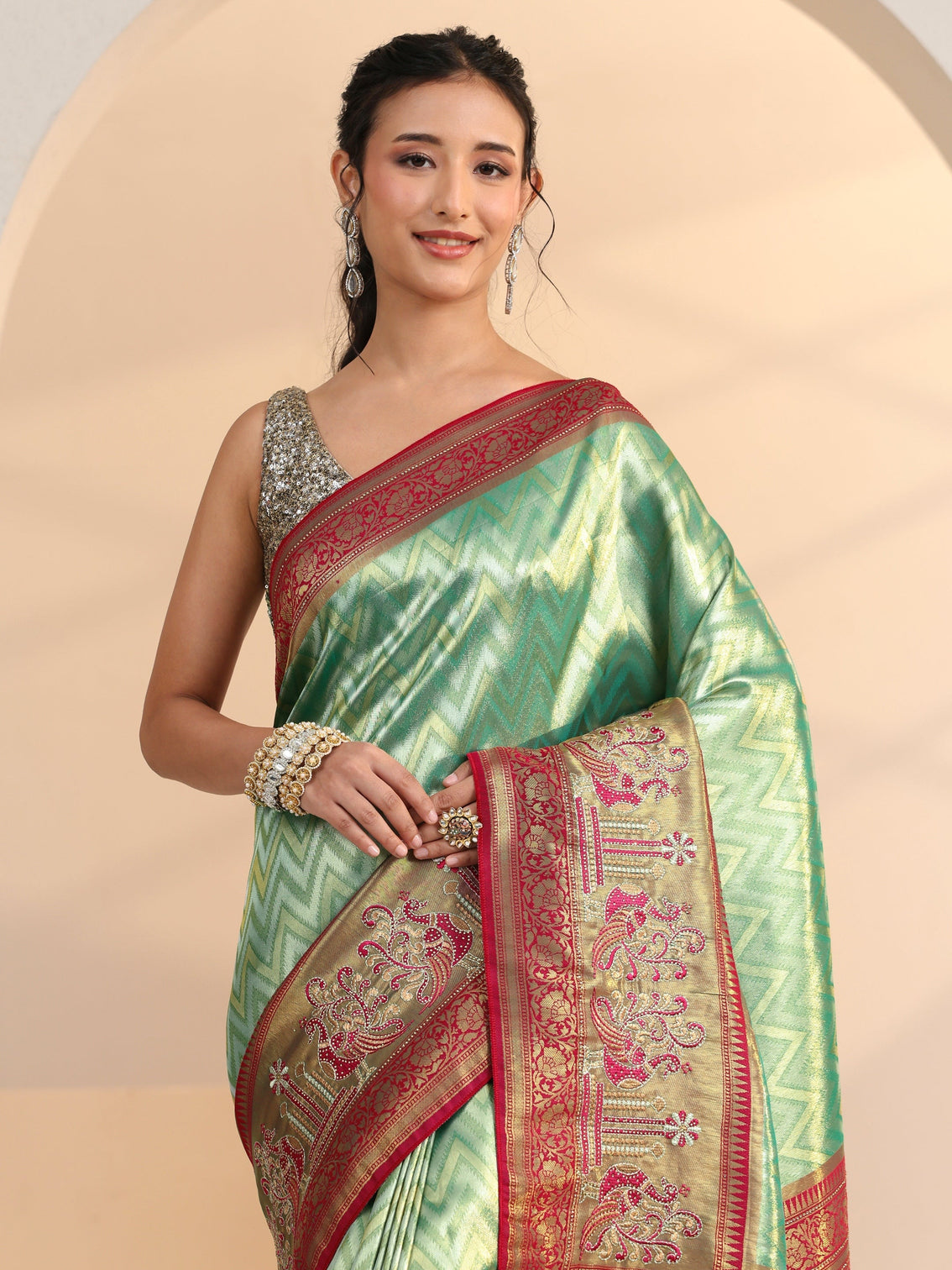 Mameraa Seafoam Green Chevron Woven Design Silk Blend Saree
