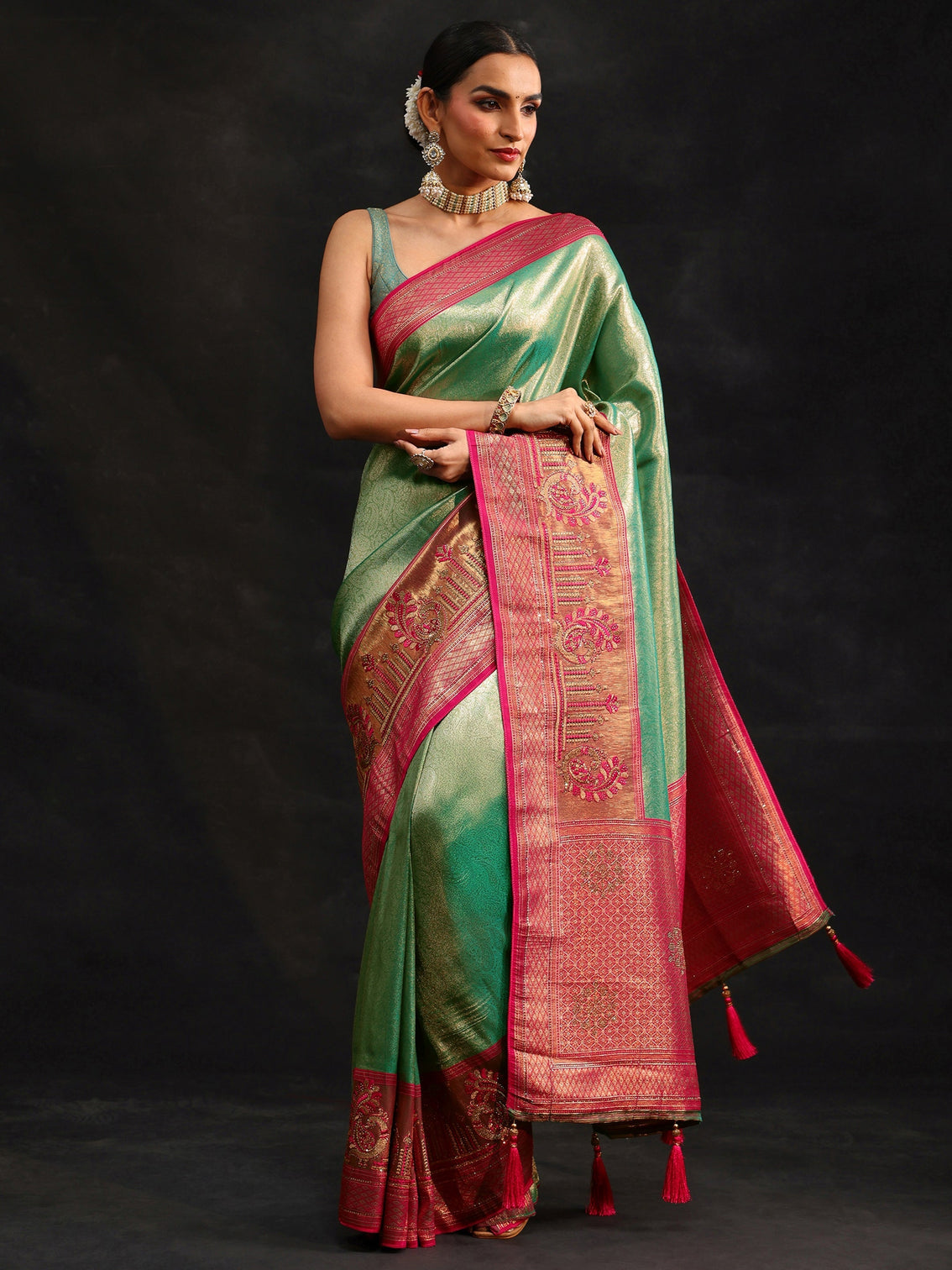 Mameraa Sea Green Woven Design Silk Blend Saree