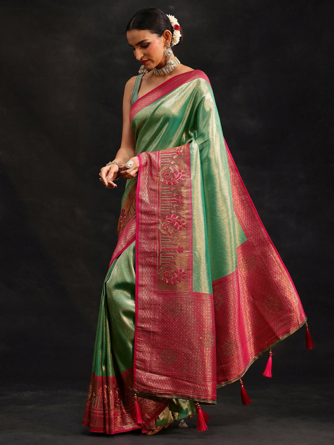 Mameraa Sea Green Woven Design Silk Blend Saree