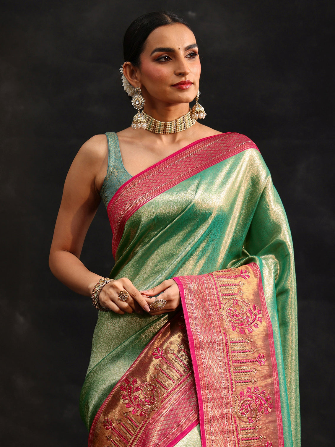 Mameraa Sea Green Woven Design Silk Blend Saree