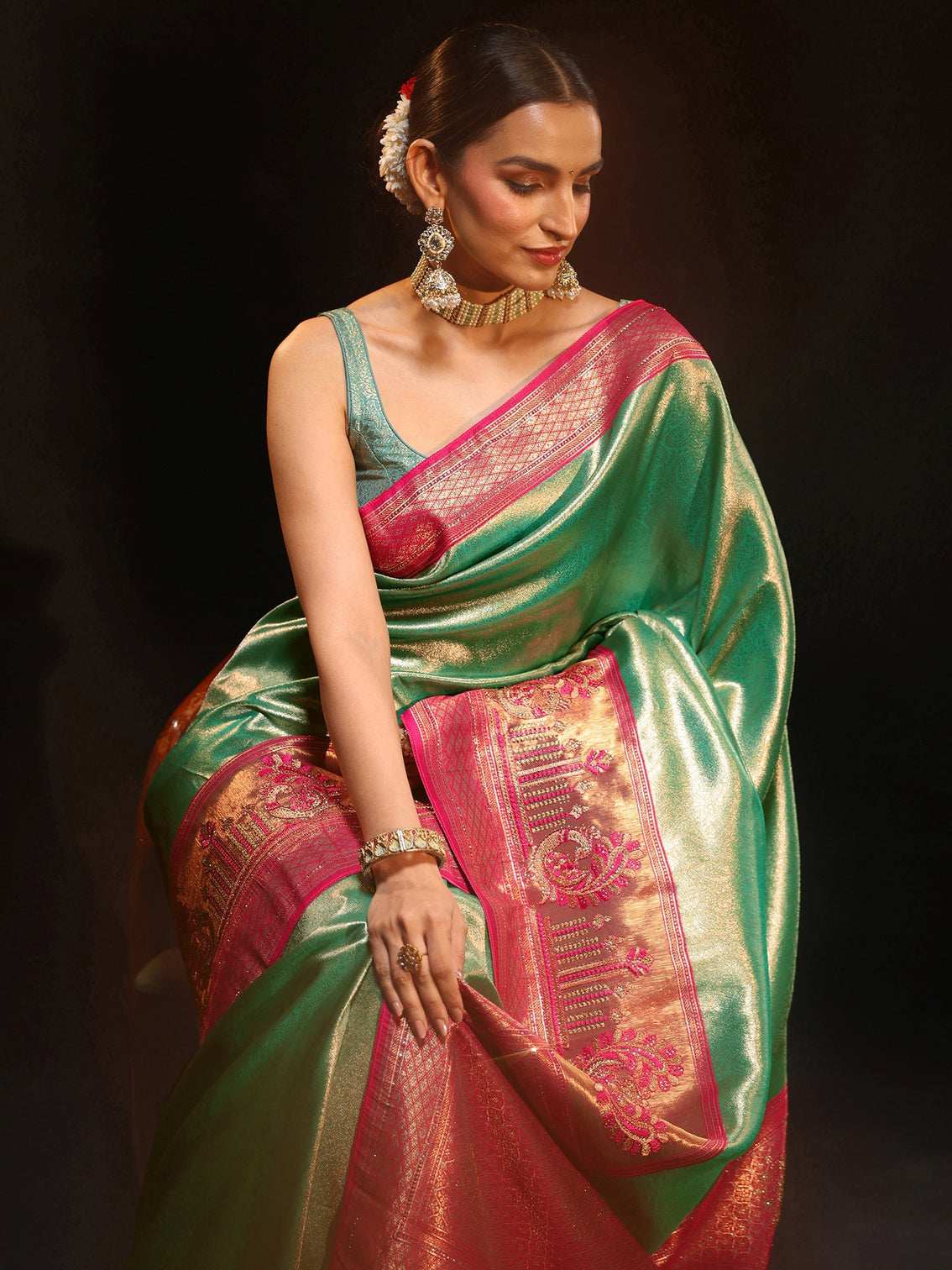 Mameraa Sea Green Woven Design Silk Blend Saree