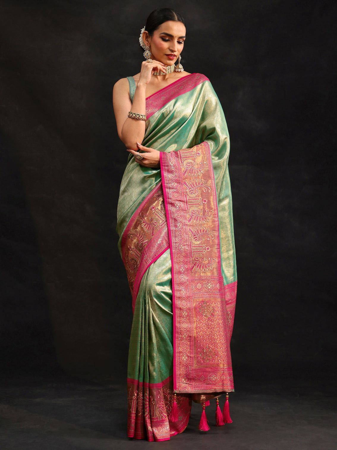 Mameraa Sea Green Woven Design Silk Blend Saree