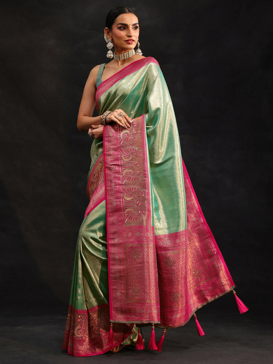 Mameraa Sea Green Woven Design Silk Blend Saree
