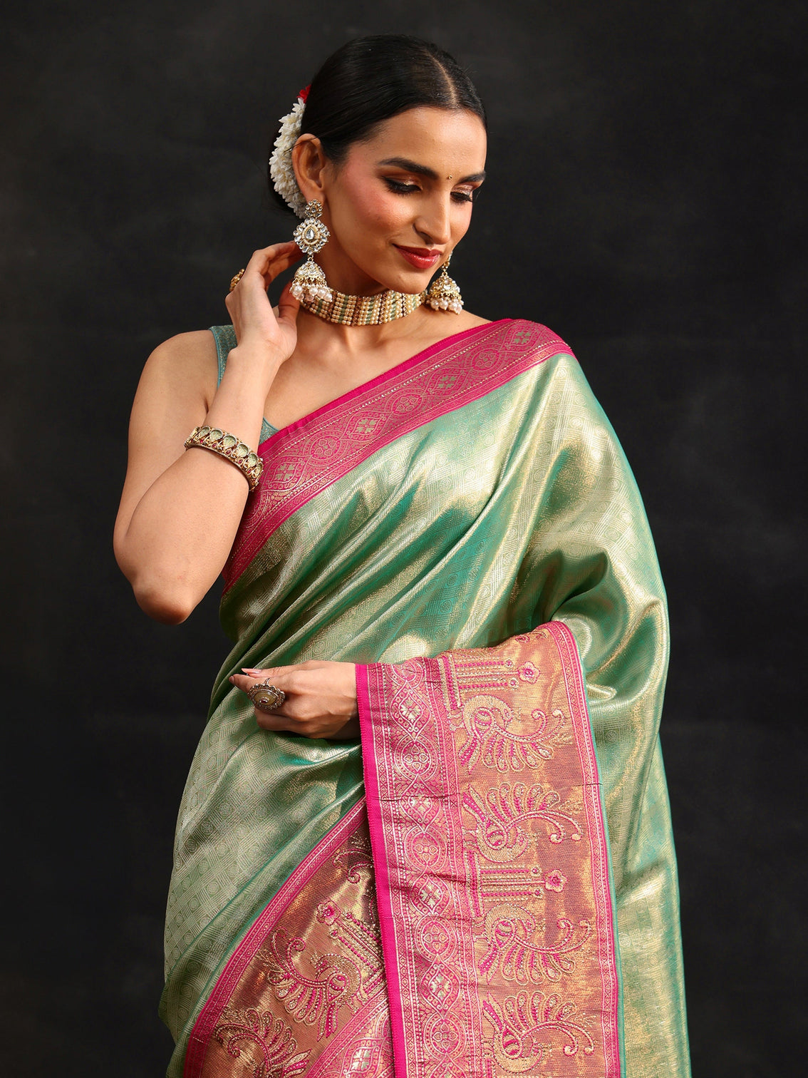 Mameraa Sea Green Woven Design Silk Blend Saree
