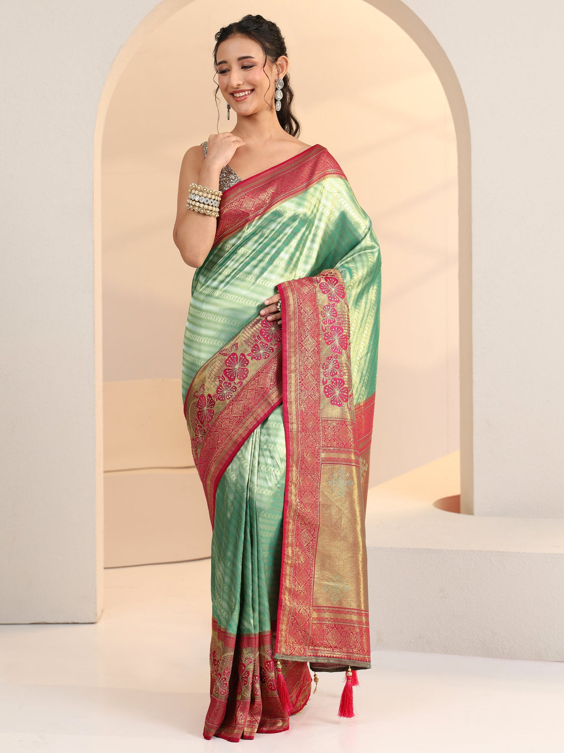 Mameraa Seafoam Green Woven Design Silk Blend Saree