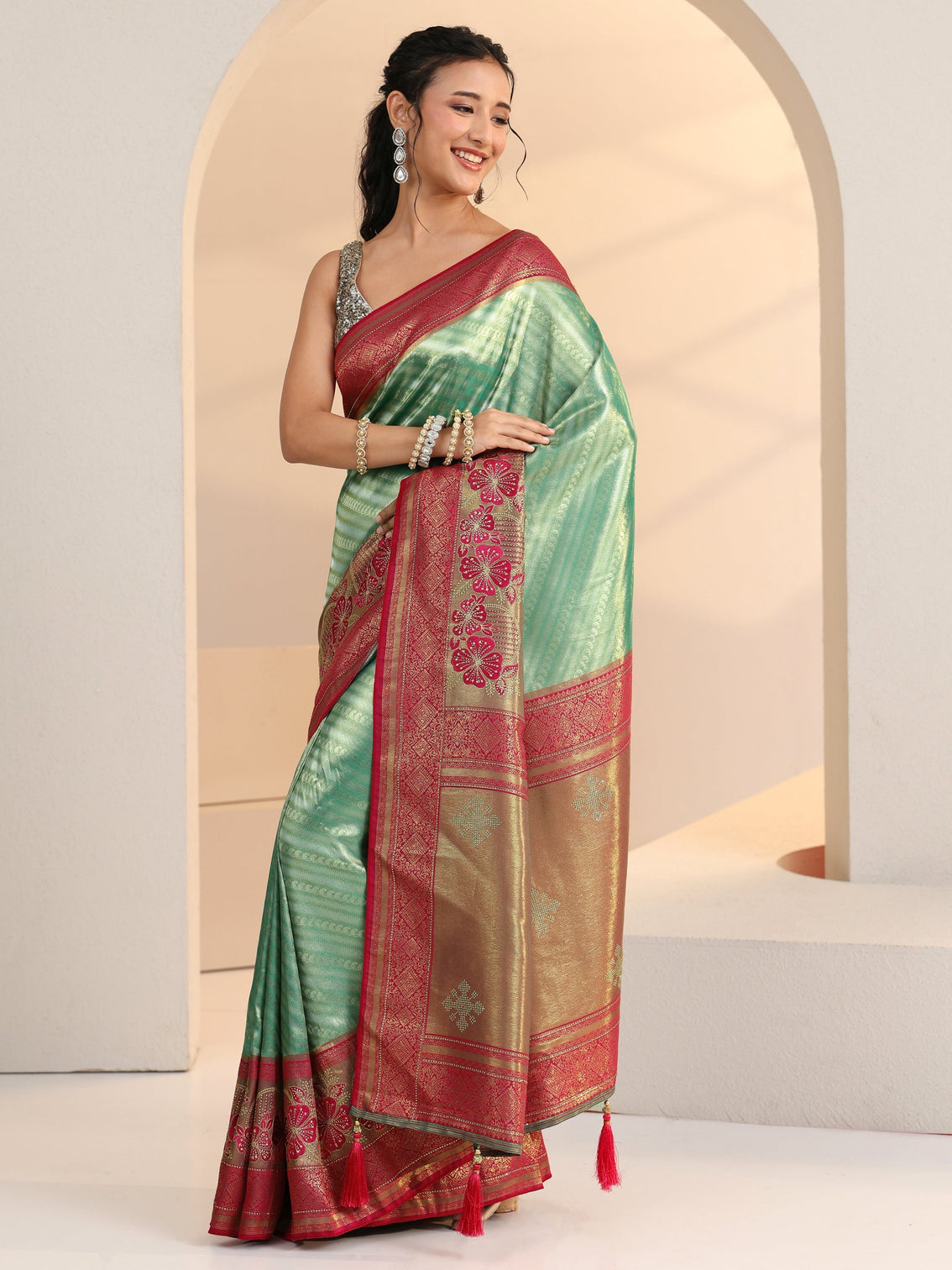 Mameraa Seafoam Green Woven Design Silk Blend Saree