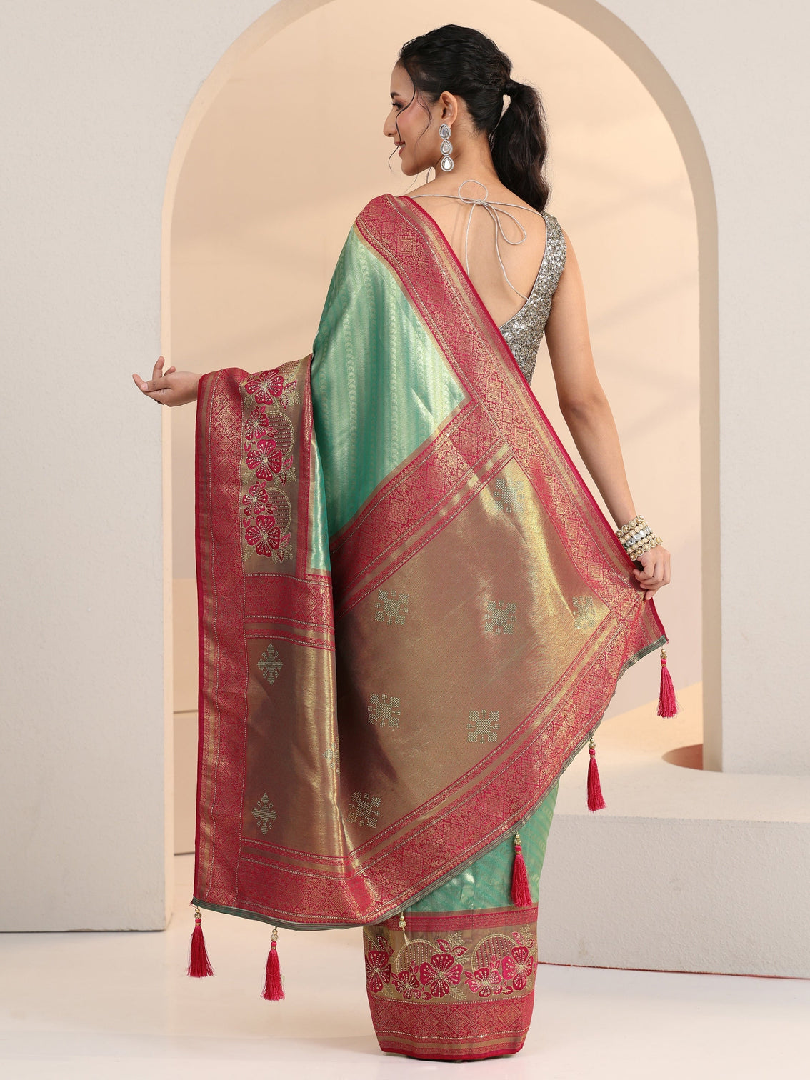Mameraa Seafoam Green Woven Design Silk Blend Saree