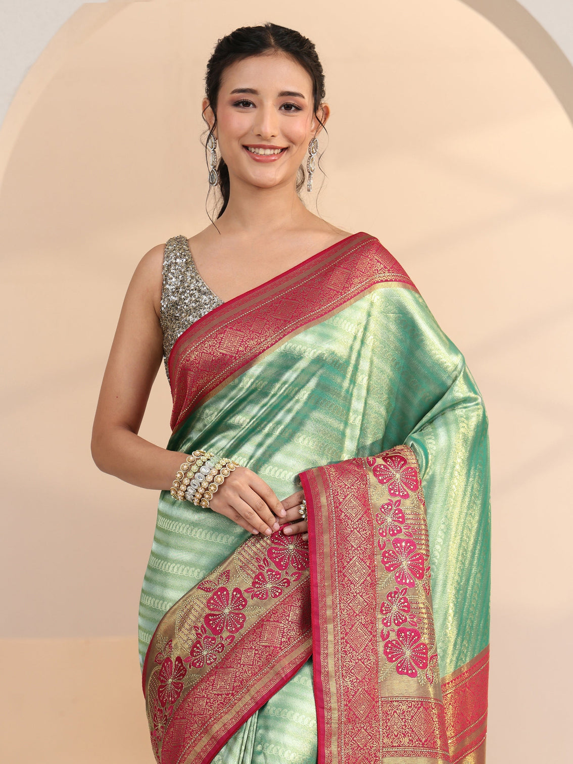 Mameraa Seafoam Green Woven Design Silk Blend Saree