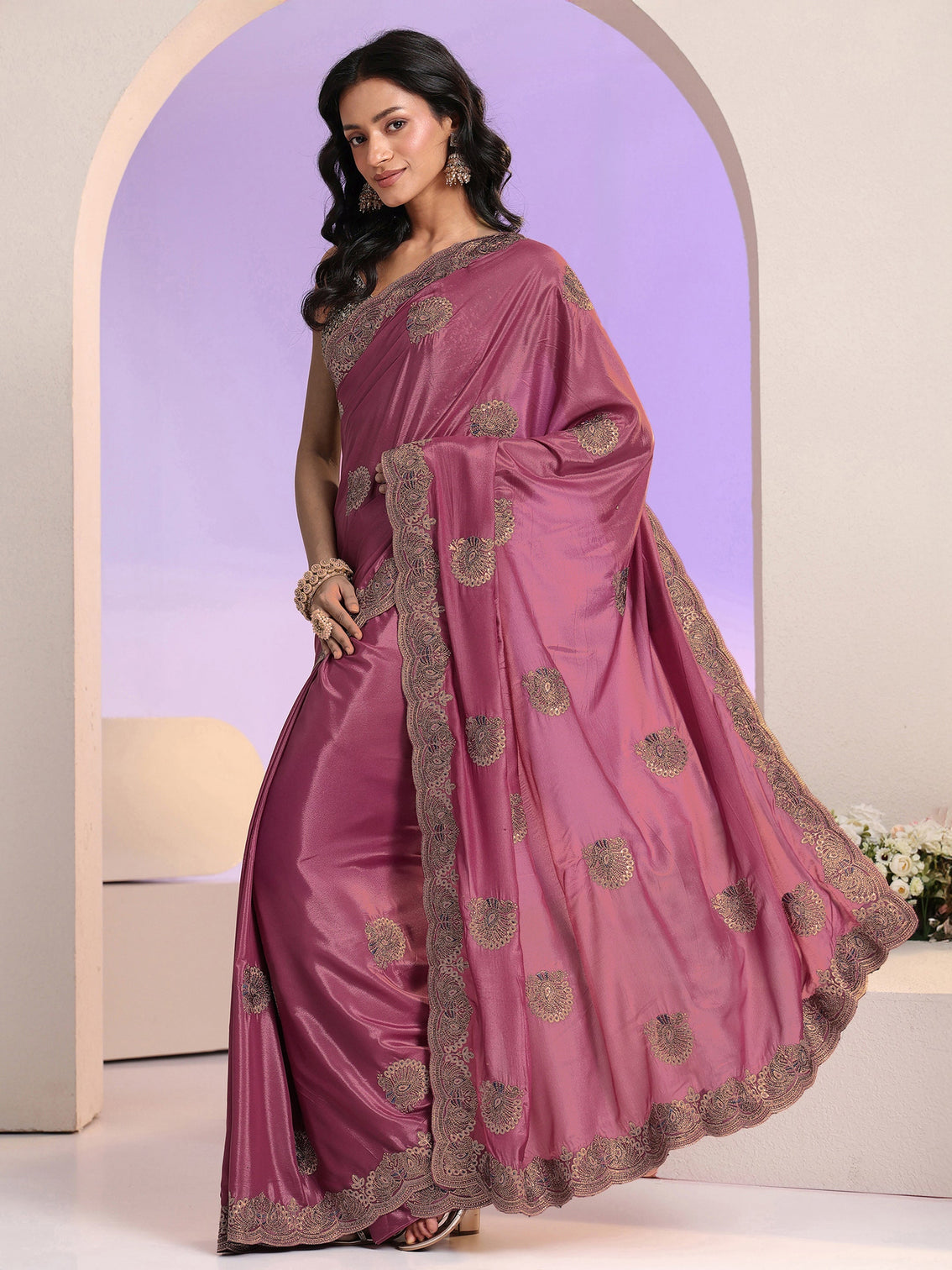 Mameraa Mauve Embellished Satin Saree