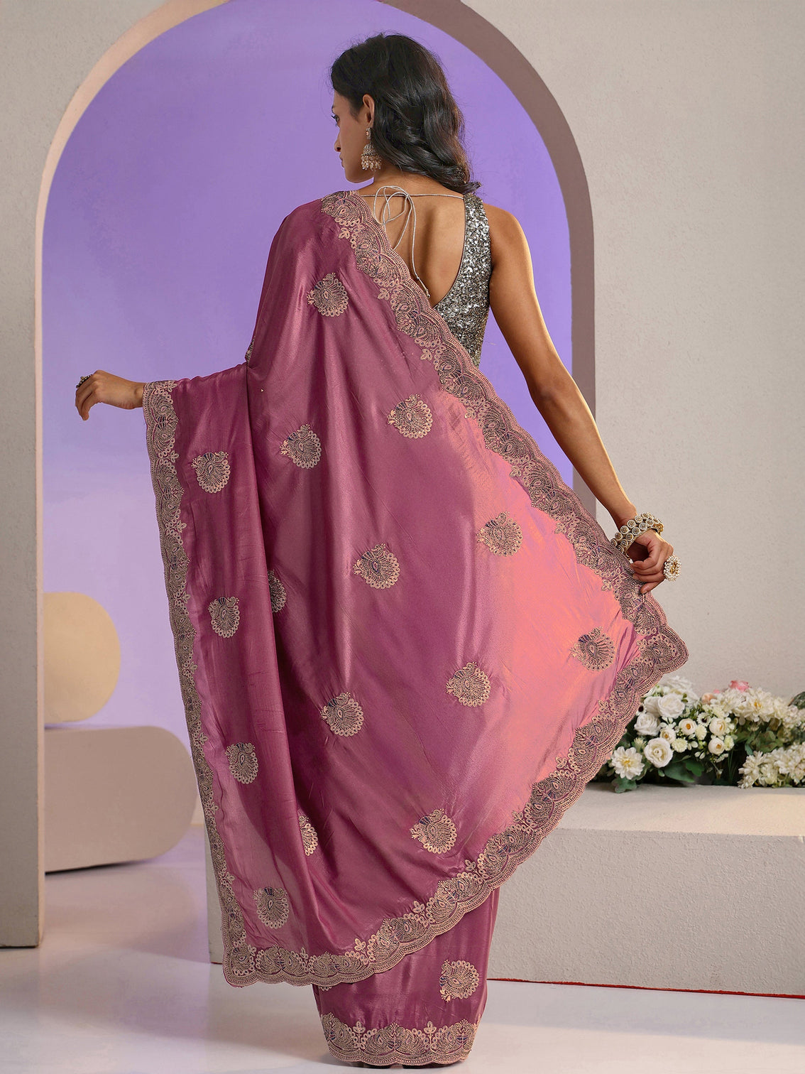 Mameraa Mauve Embellished Satin Saree