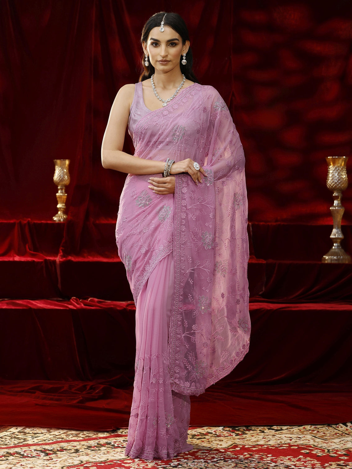 Mameraa Pink Floral Embroidered Chiffon Saree