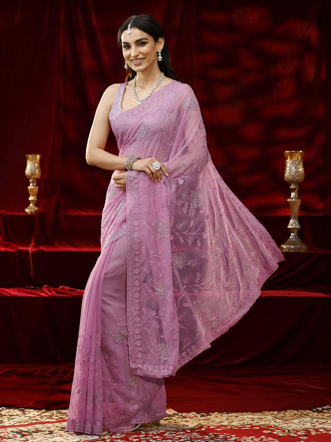 Mameraa Pink Floral Embroidered Chiffon Saree