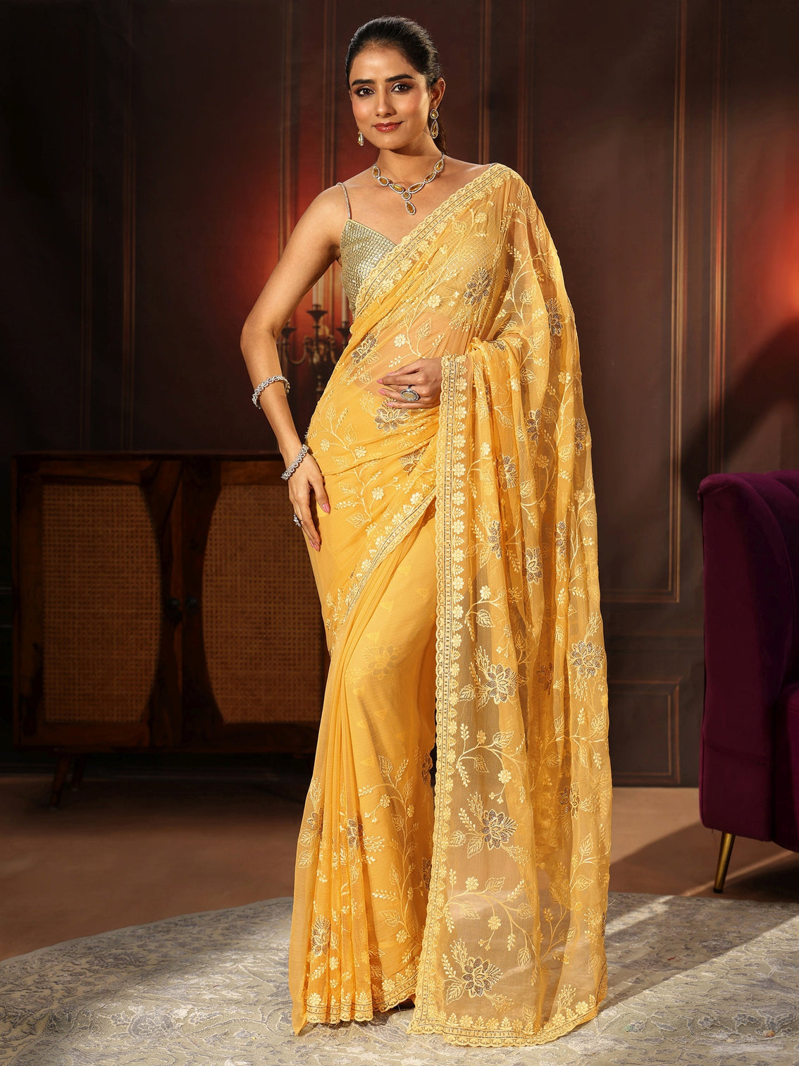 Mameraa Sunshine Yellow Floral Embroidered Chiffon Saree