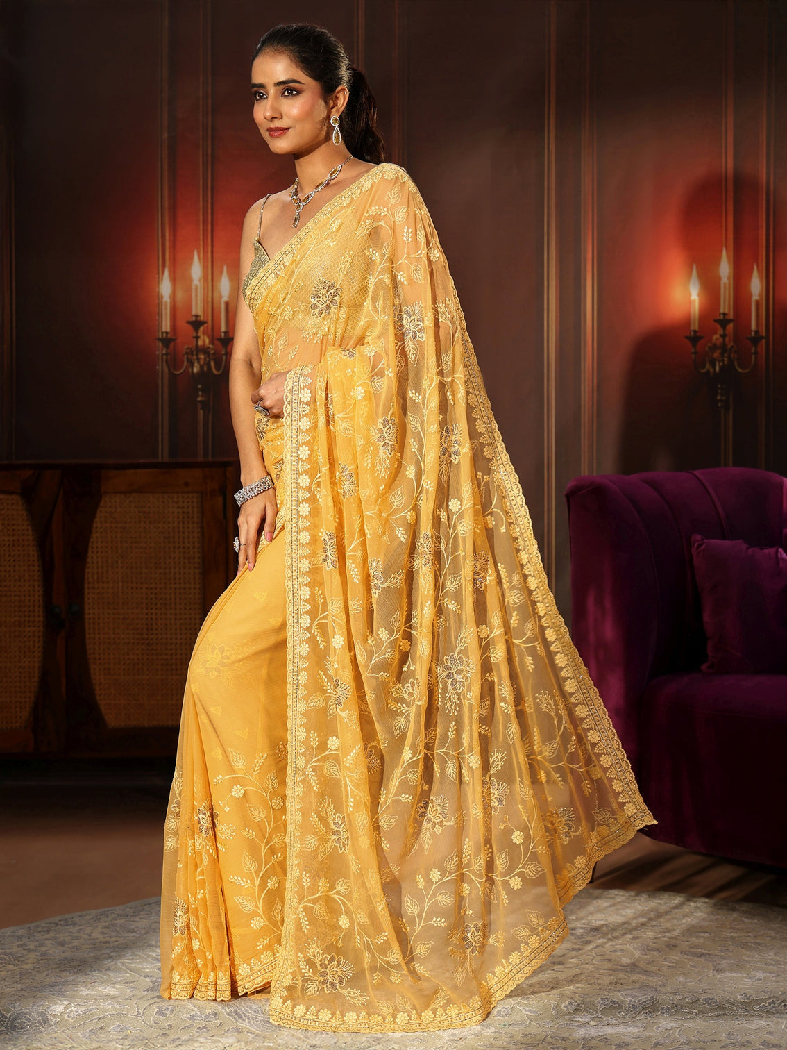 Mameraa Sunshine Yellow Floral Embroidered Chiffon Saree