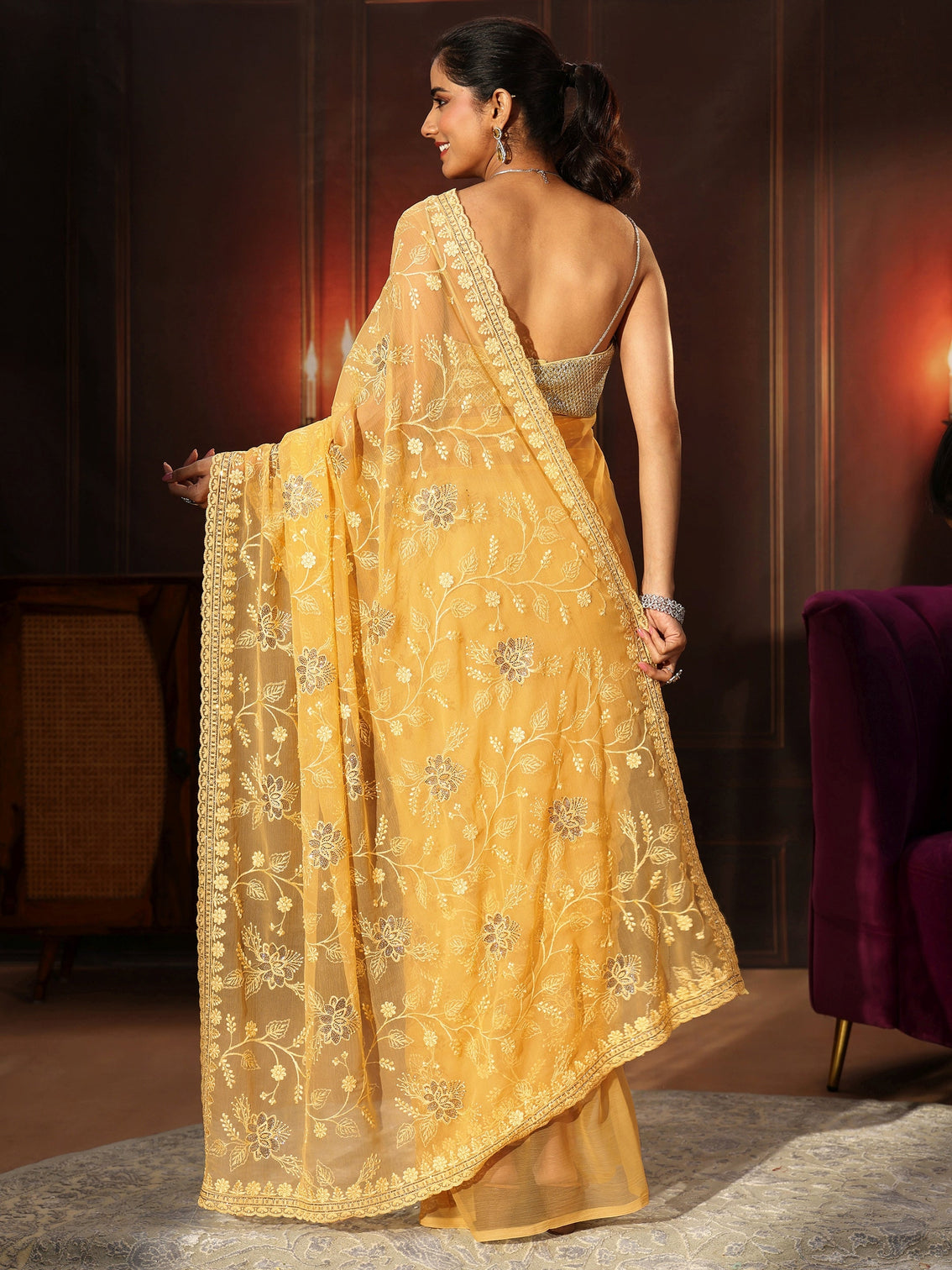 Mameraa Sunshine Yellow Floral Embroidered Chiffon Saree