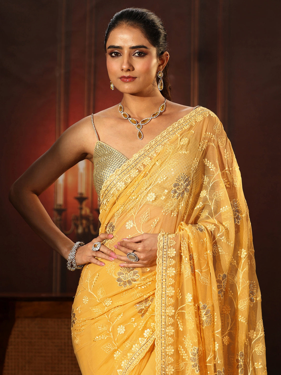 Mameraa Sunshine Yellow Floral Embroidered Chiffon Saree