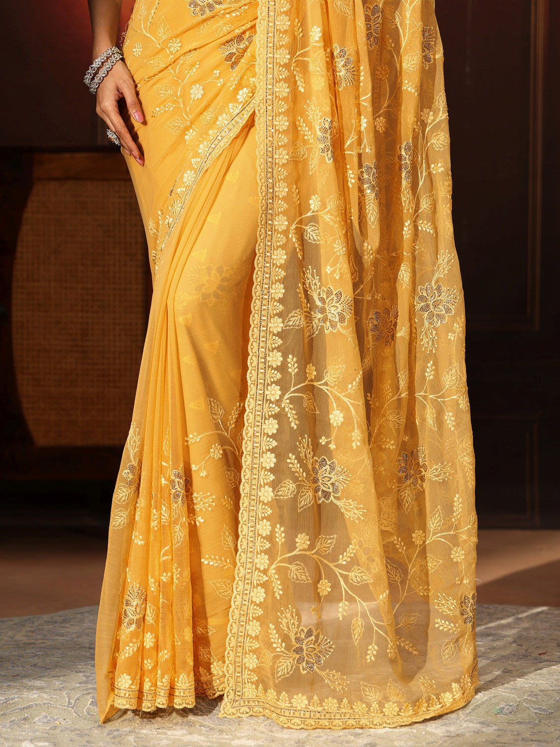 Mameraa Sunshine Yellow Floral Embroidered Chiffon Saree