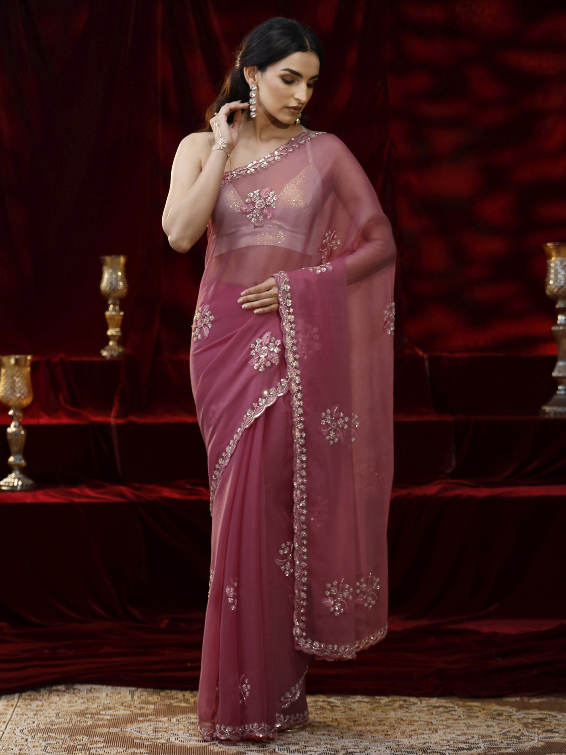 Mameraa Pink Floral Embellished Chiffon Saree