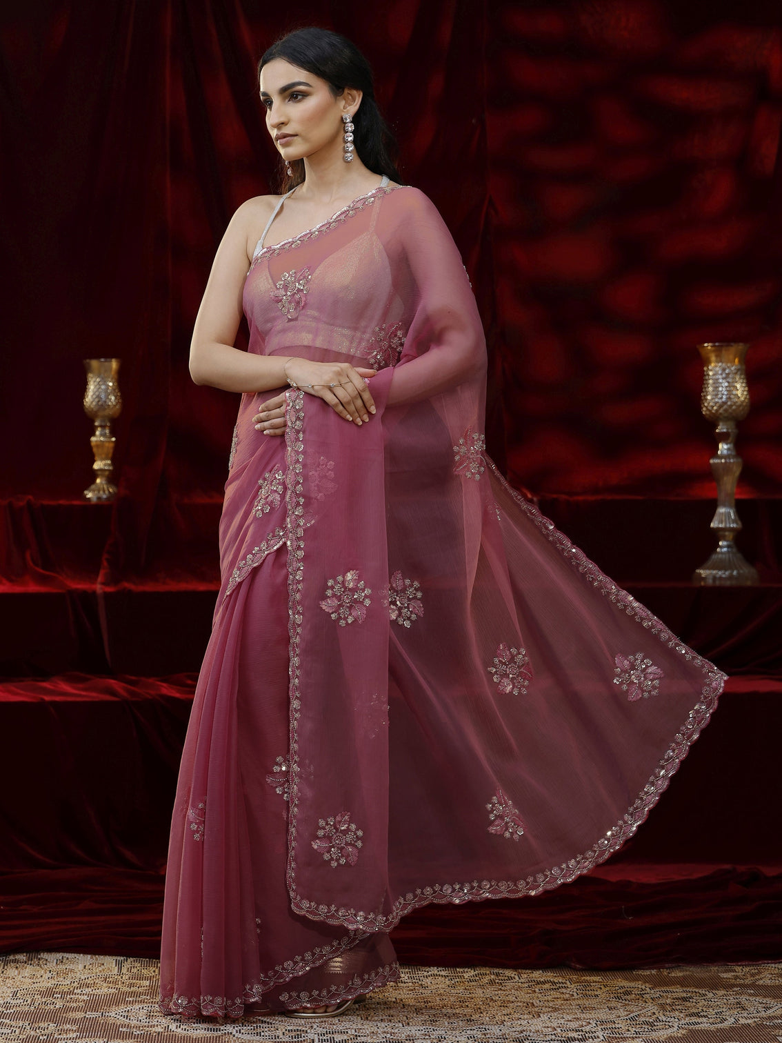 Mameraa Pink Floral Embellished Chiffon Saree