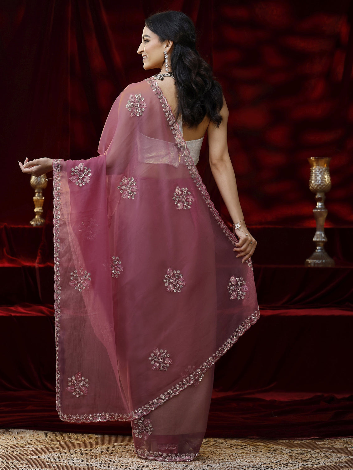 Mameraa Pink Floral Embellished Chiffon Saree