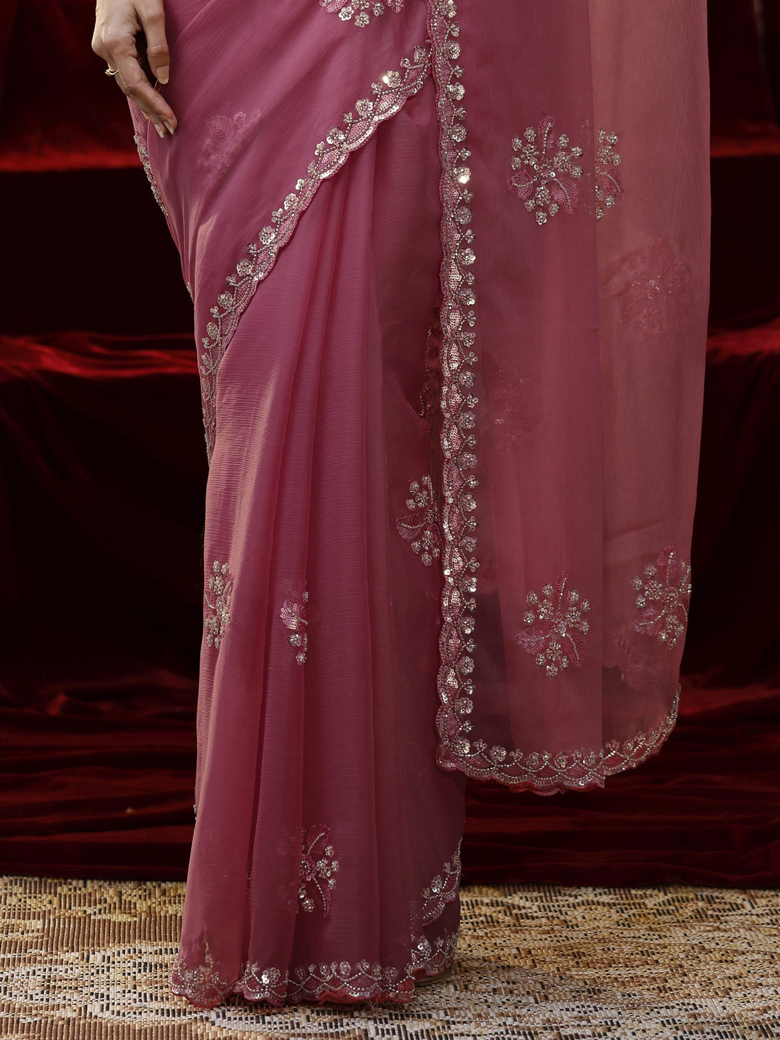Mameraa Pink Floral Embellished Chiffon Saree