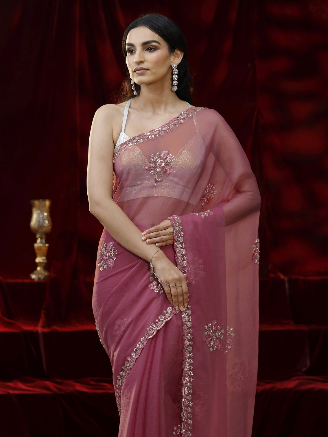 Mameraa Pink Floral Embellished Chiffon Saree