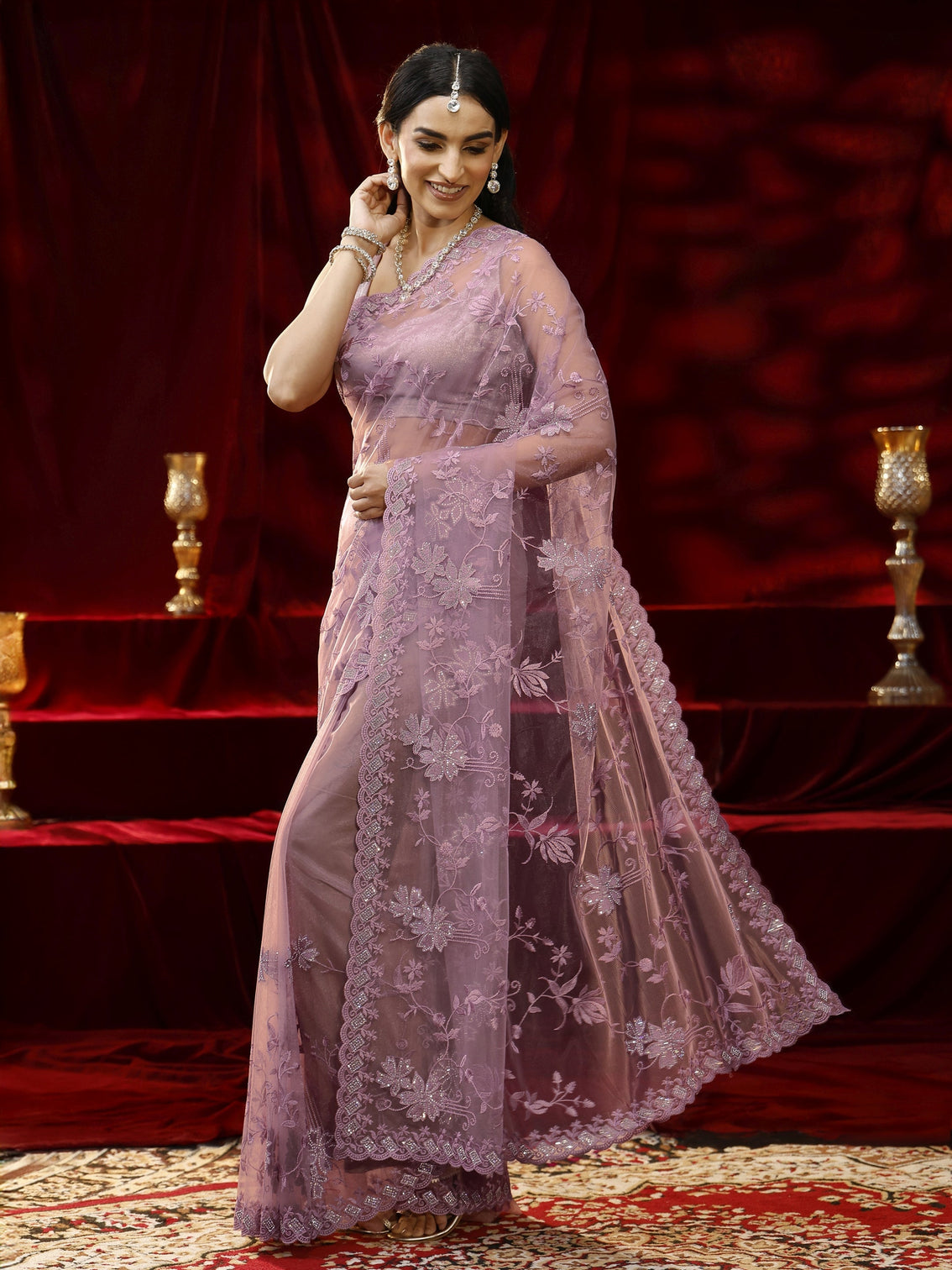 Mameraa Lavender Floral Embroidered Net Saree