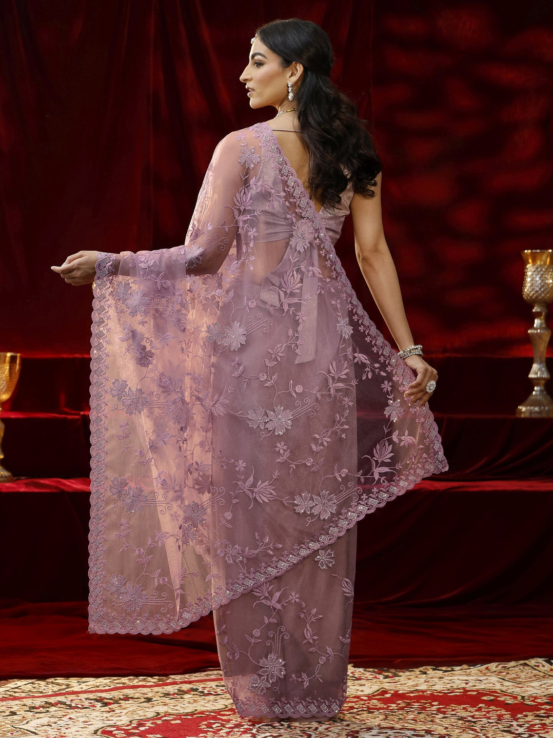 Mameraa Lavender Floral Embroidered Net Saree
