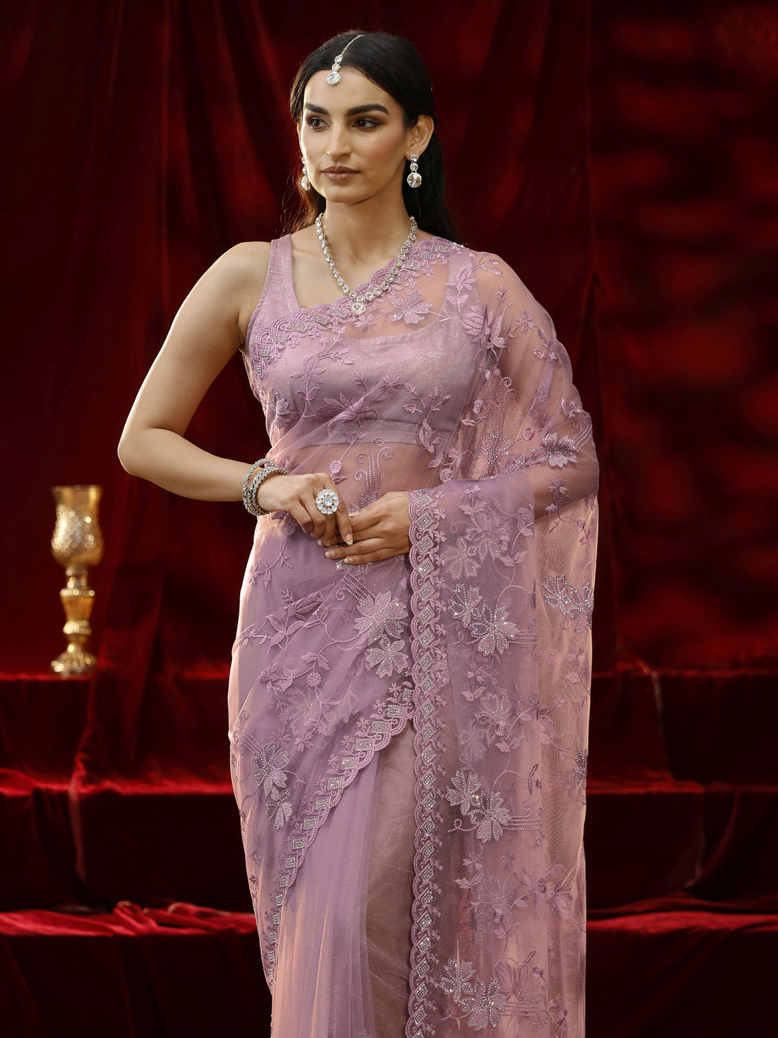 Mameraa Lavender Floral Embroidered Net Saree