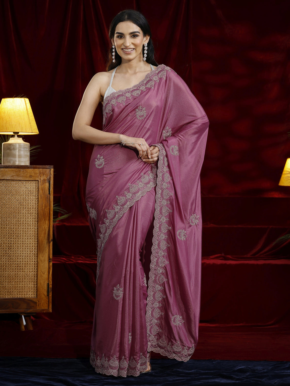 Mameraa Mauve Ethnic Motif Embroidered Satin Saree