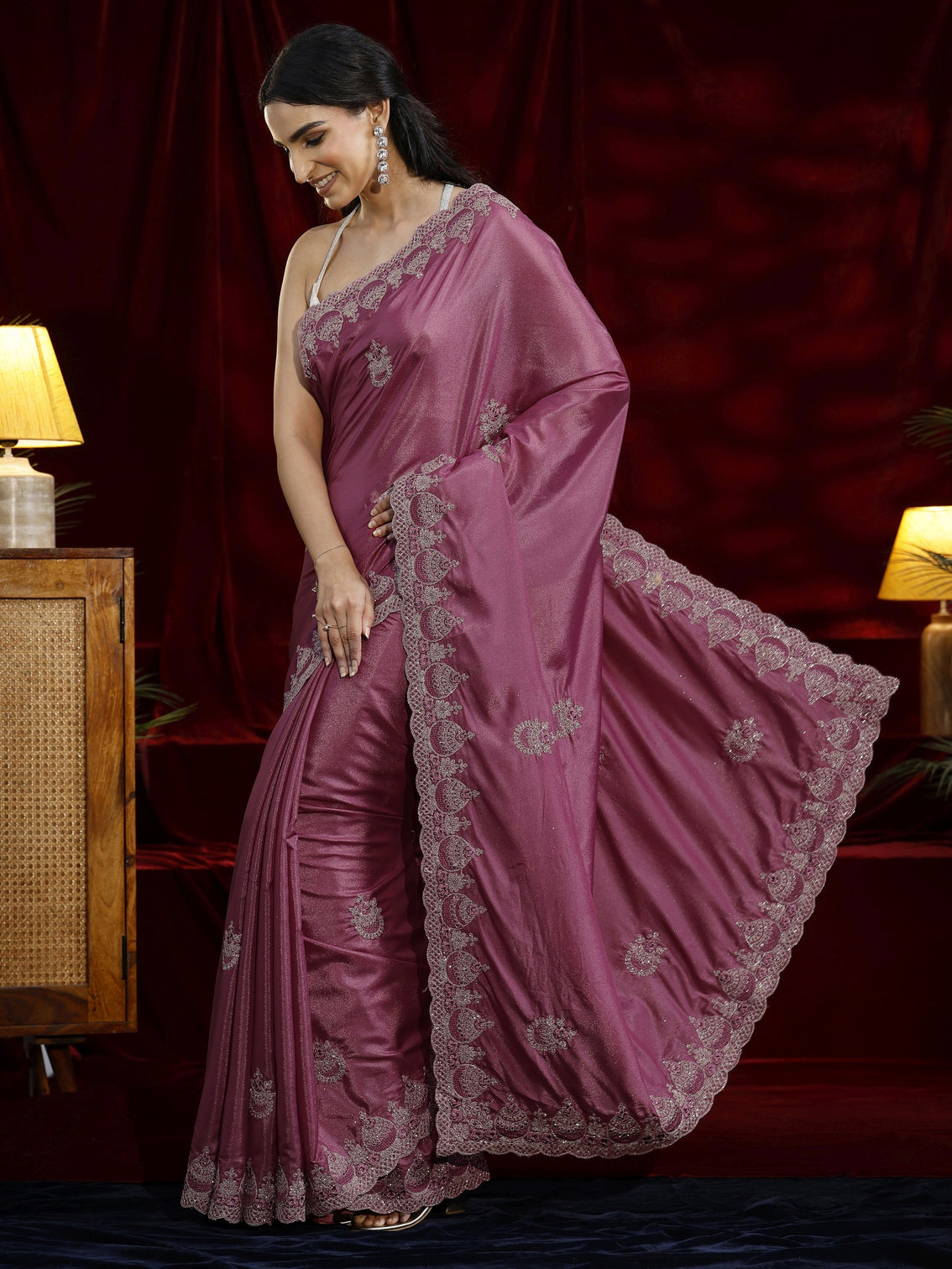 Mameraa Mauve Ethnic Motif Embroidered Satin Saree