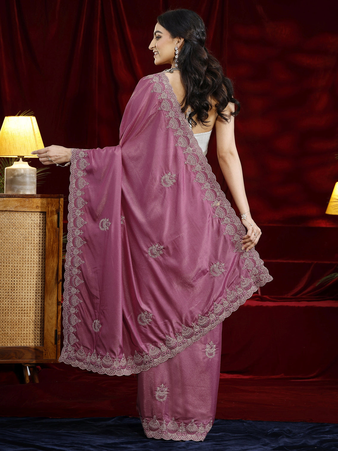 Mameraa Mauve Ethnic Motif Embroidered Satin Saree