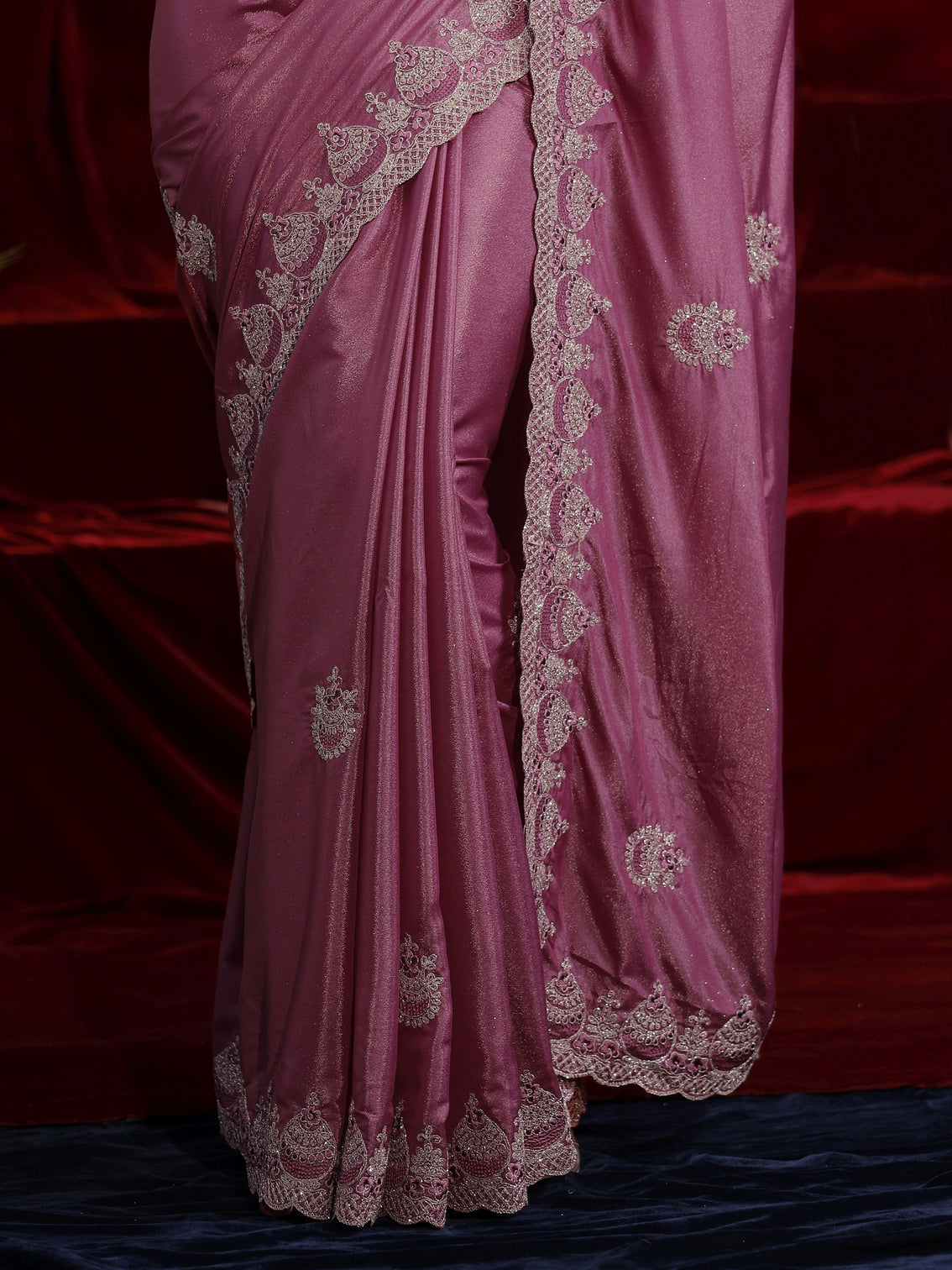 Mameraa Mauve Ethnic Motif Embroidered Satin Saree