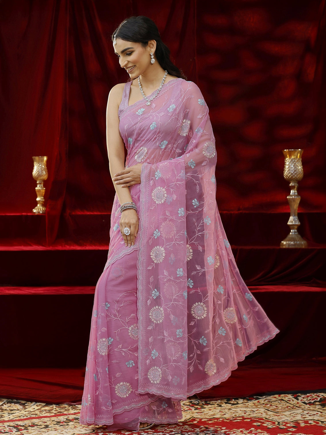Mameraa Pink Floral Embroidered Chiffon Saree