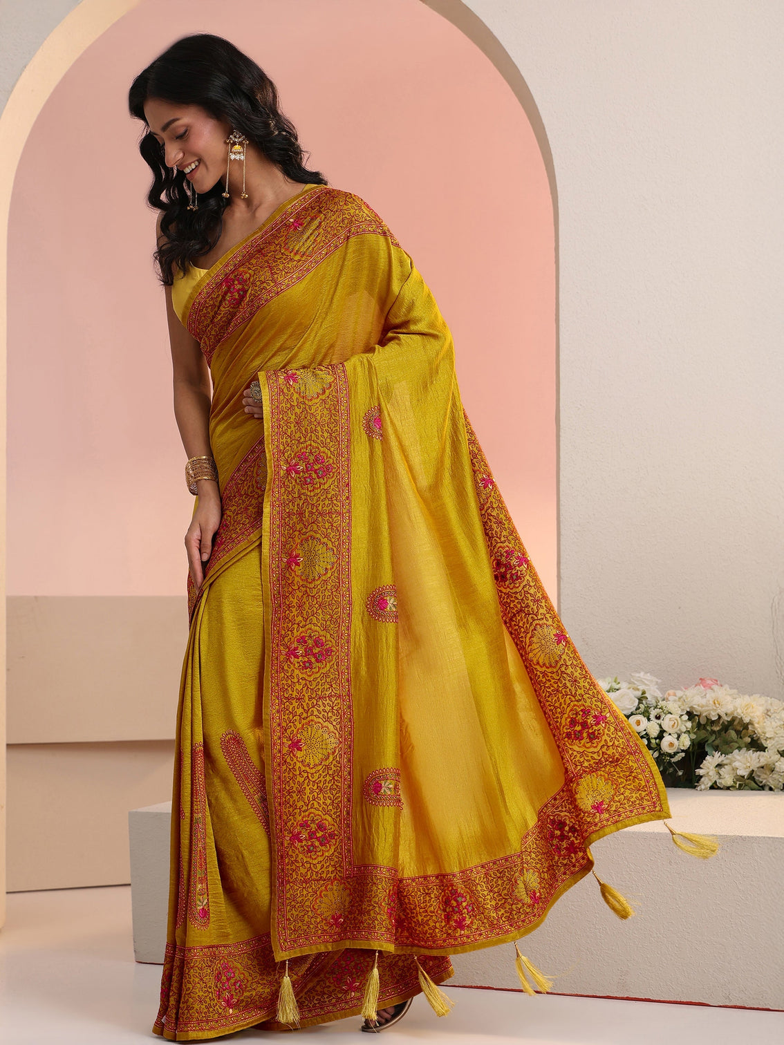 Mameraa Mustard Paisley Embroidered Silk Blend Saree
