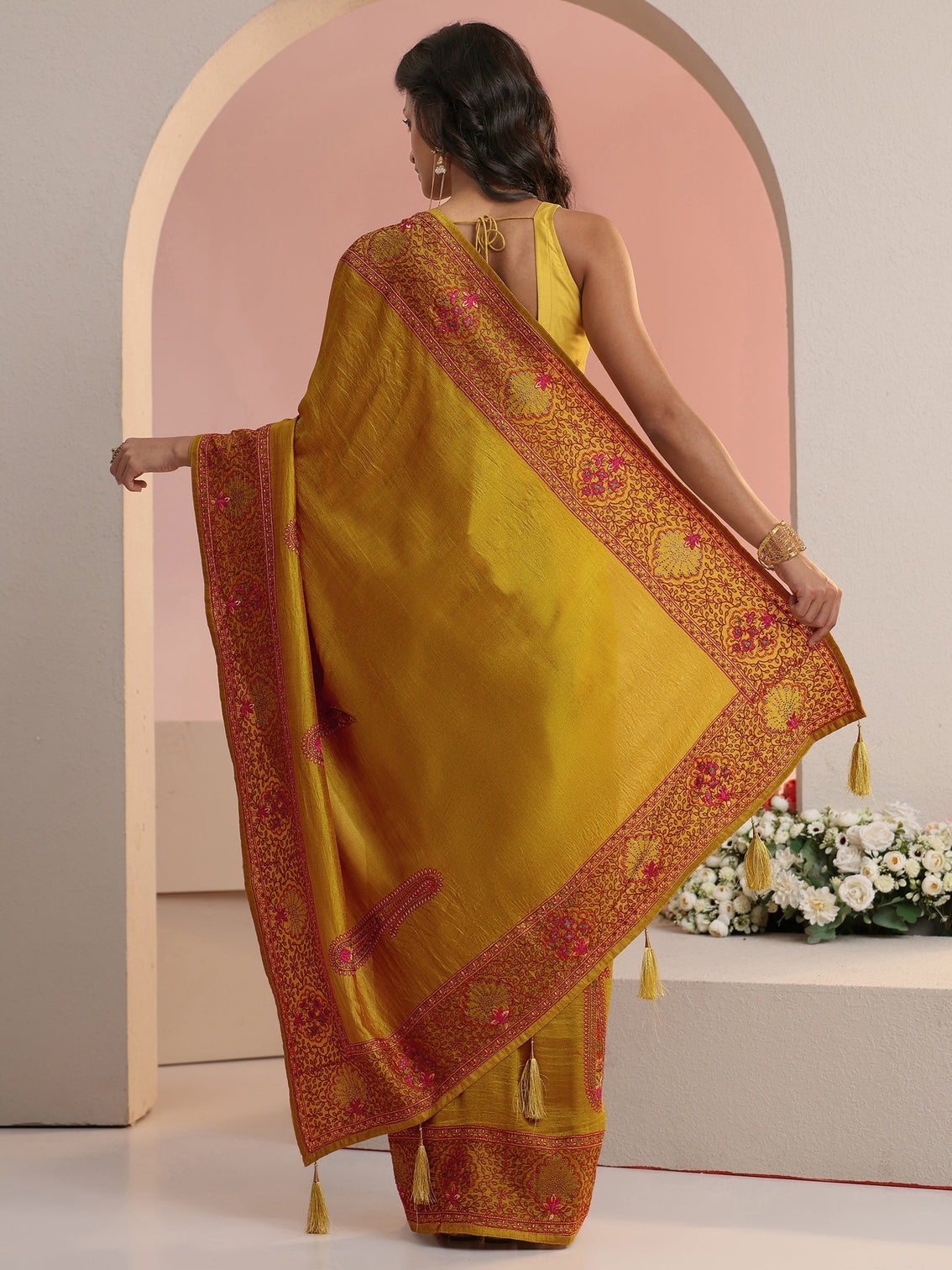 Mameraa Mustard Paisley Embroidered Silk Blend Saree