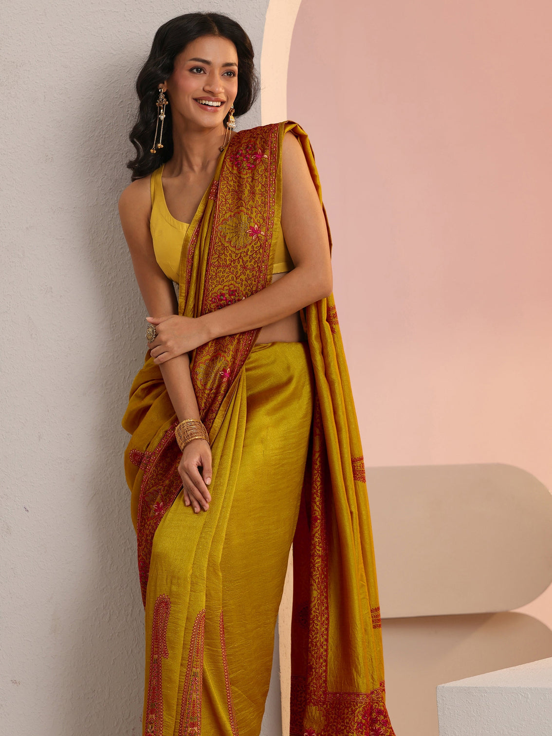 Mameraa Mustard Paisley Embroidered Silk Blend Saree