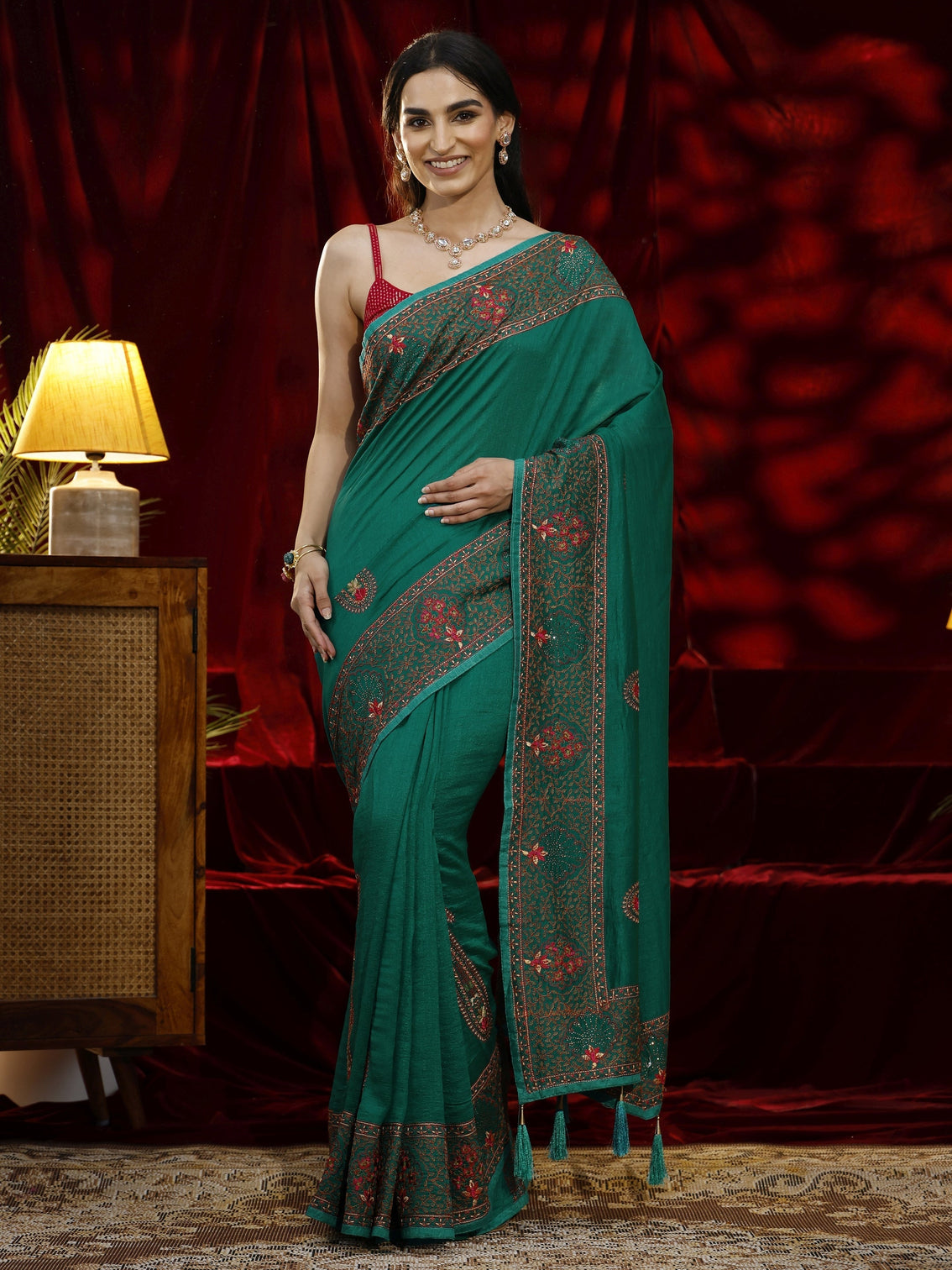 Mameraa Green Paisley Embroidered Silk blend Saree