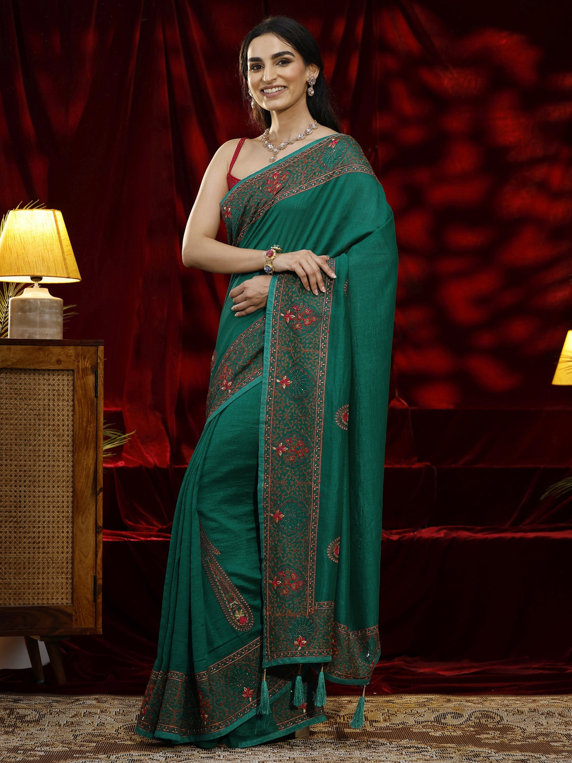 Mameraa Green Paisley Embroidered Silk blend Saree
