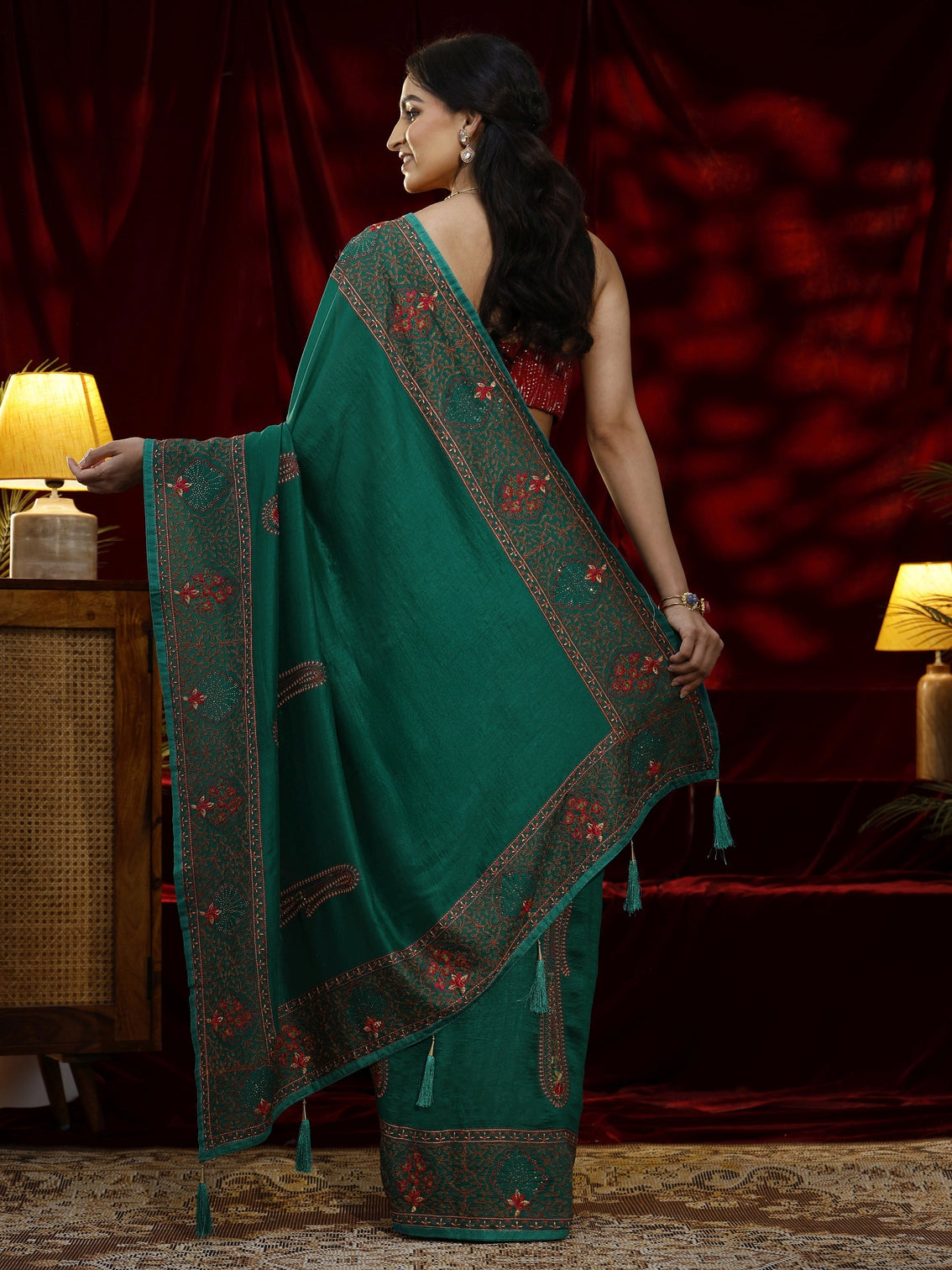 Mameraa Green Paisley Embroidered Silk blend Saree