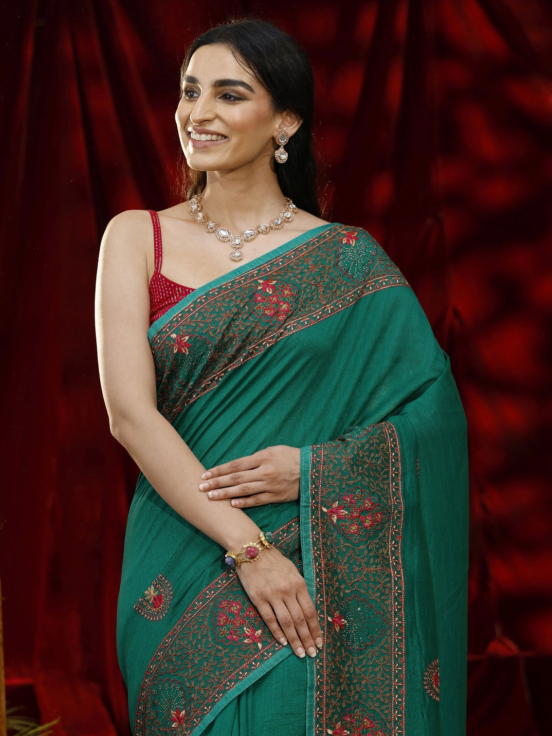 Mameraa Green Paisley Embroidered Silk blend Saree