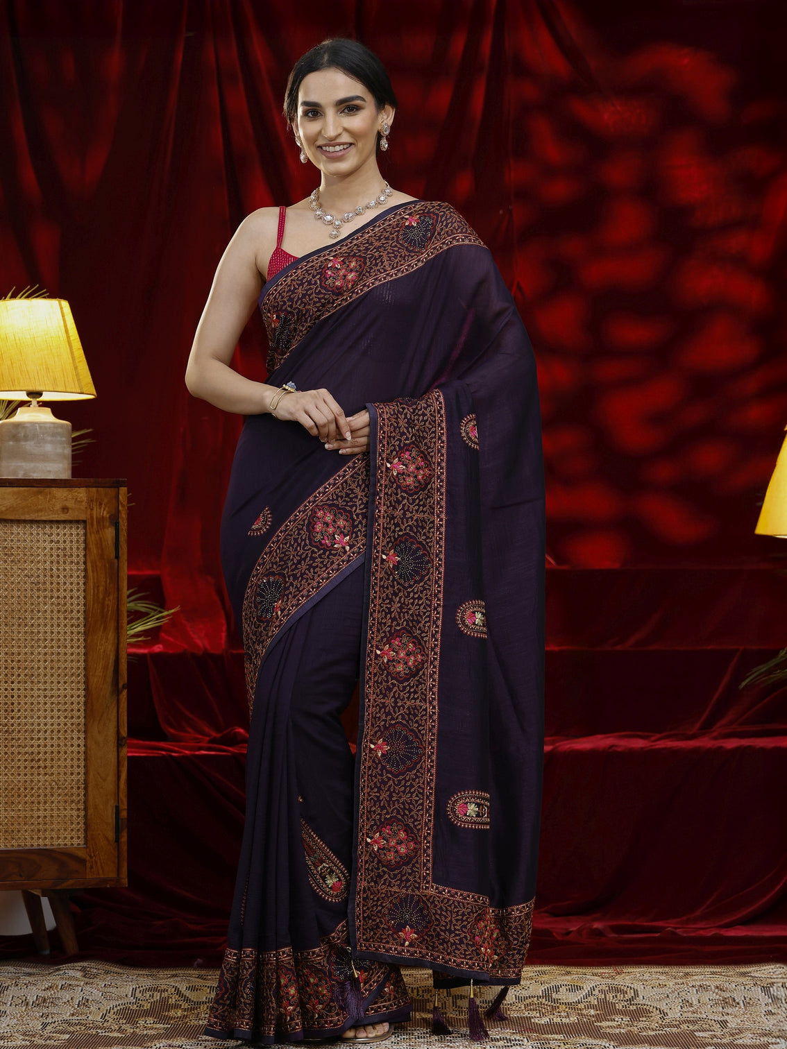 Mameraa Purple Paisley Embroidered Silk blend Saree