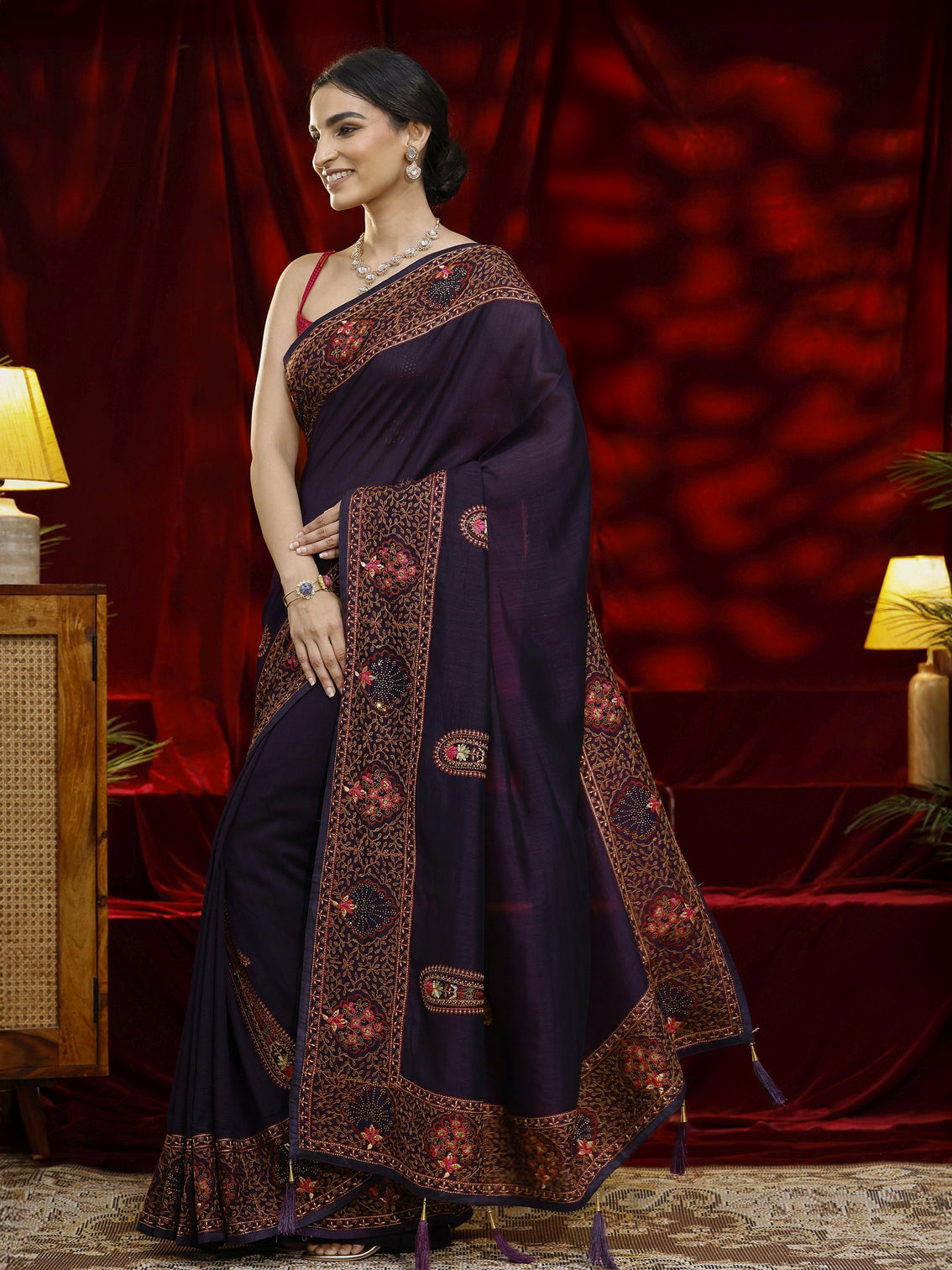 Mameraa Purple Paisley Embroidered Silk blend Saree