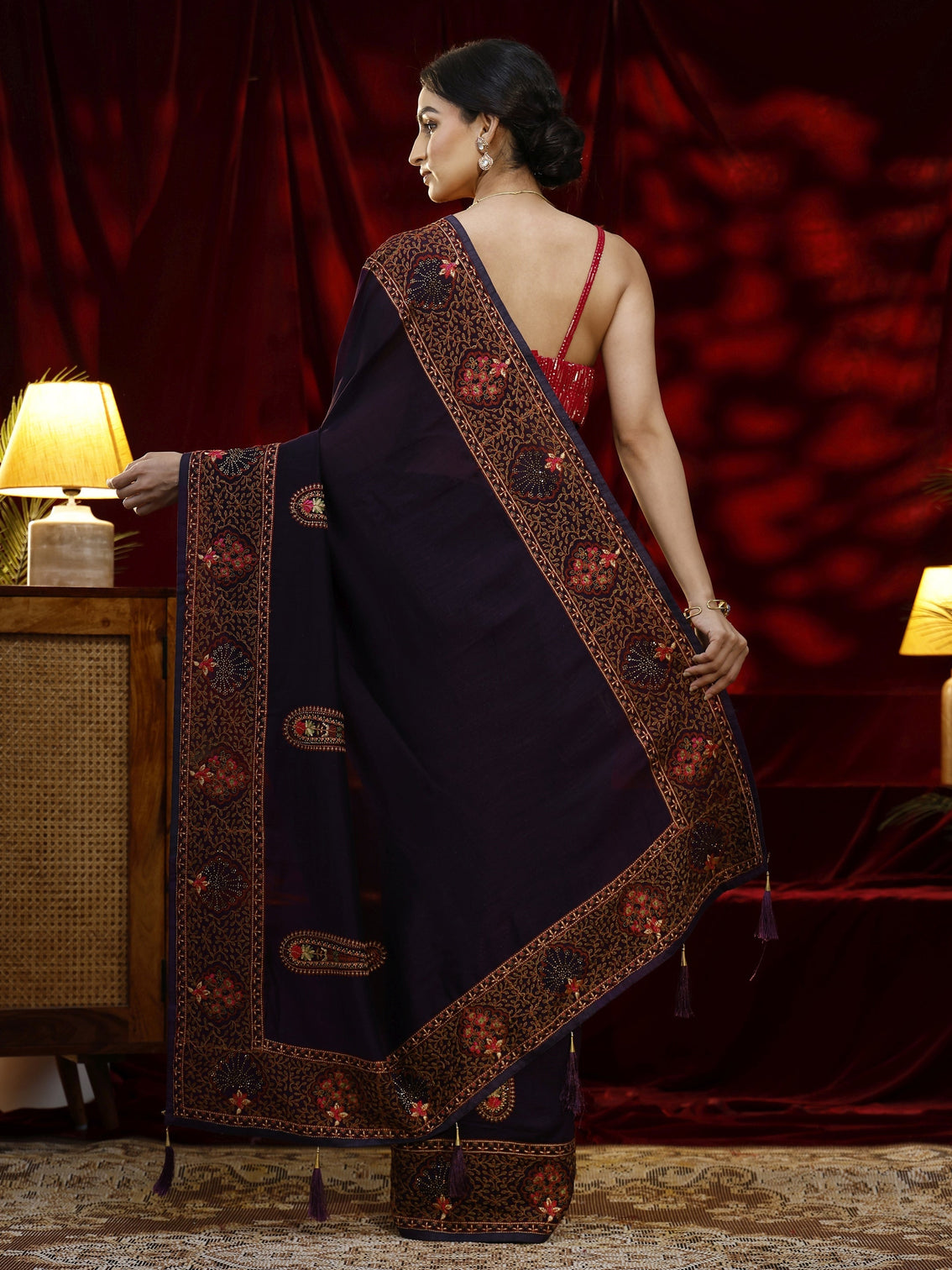 Mameraa Purple Paisley Embroidered Silk blend Saree